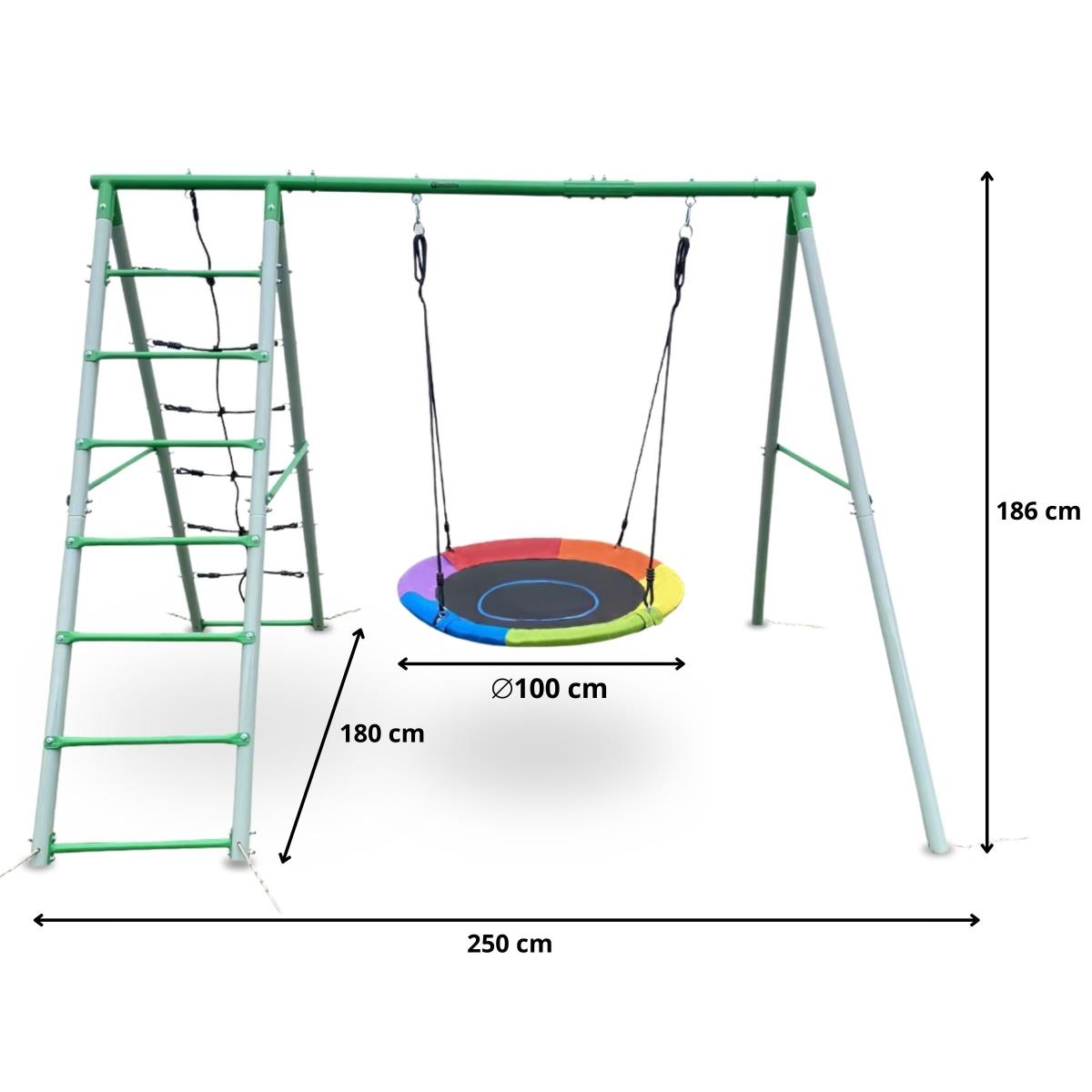 XL trädgårdslekplats för barn med en storkbo gunga, stege och klätternät