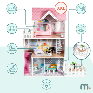 XXL Största dockhus i trä - 123 cm - LED-belyst - terrass, tillbehör, trädgård
