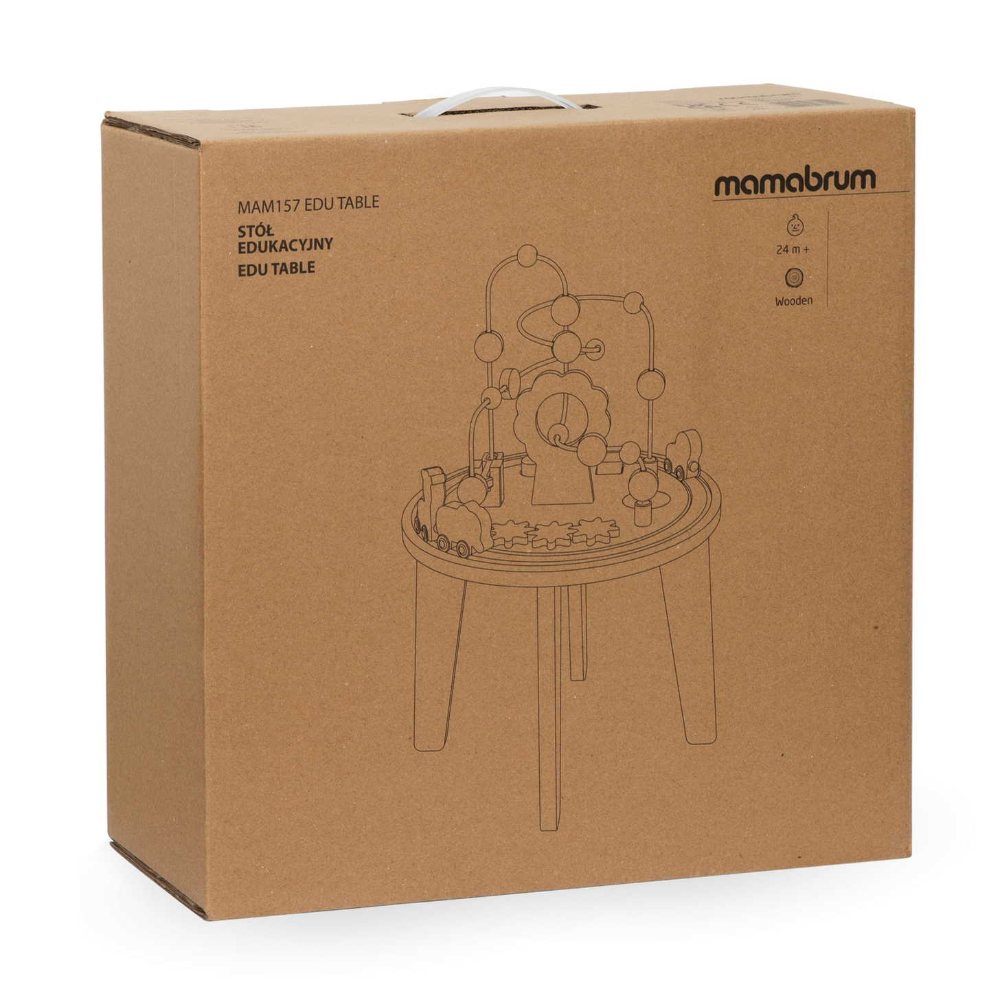 Trä runt utbildningsbord med ett magnettåg och en pärlkastare