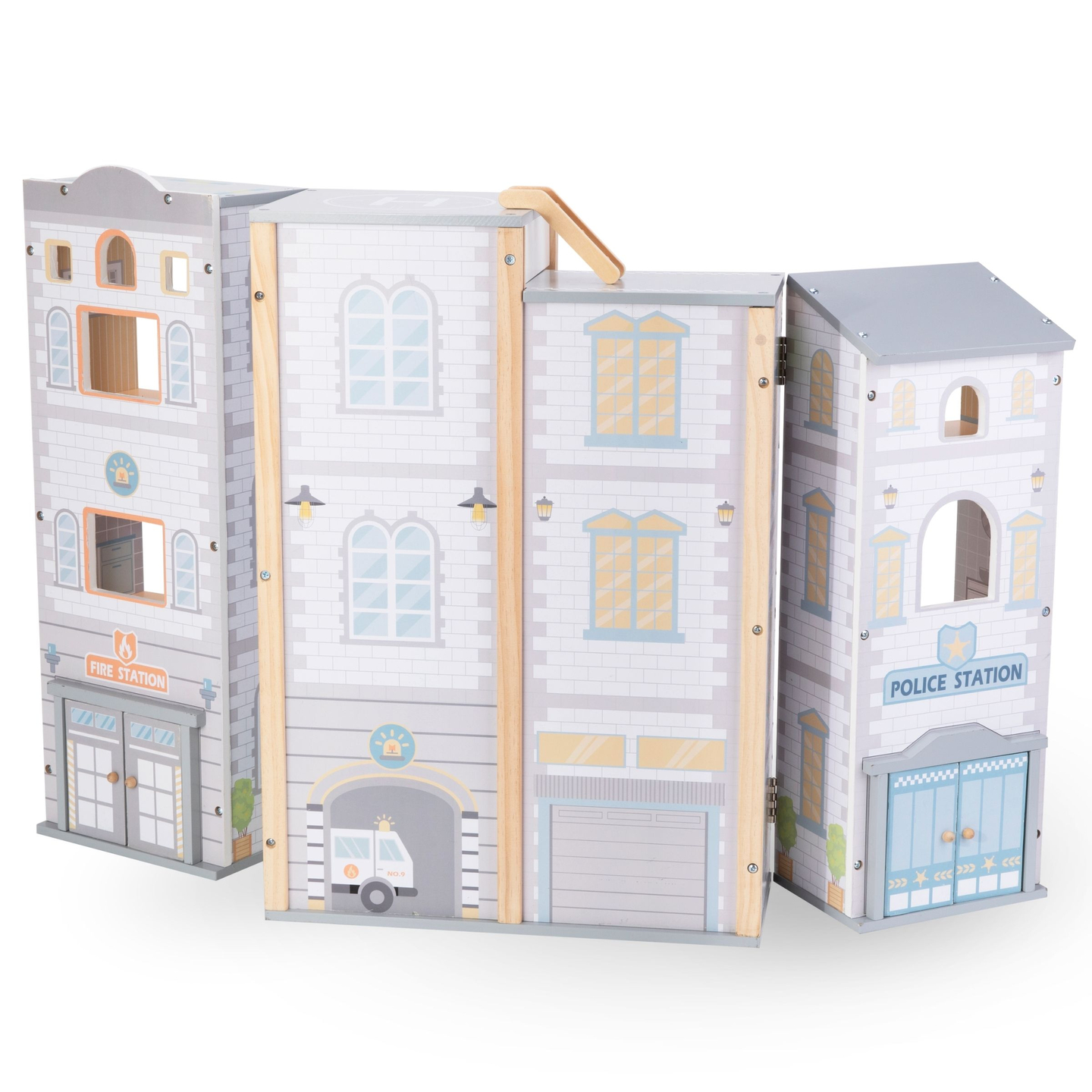 Stor hopfällbar brandstation med polisstation - set i trä. Brandstation och polisstation med tillbehör.