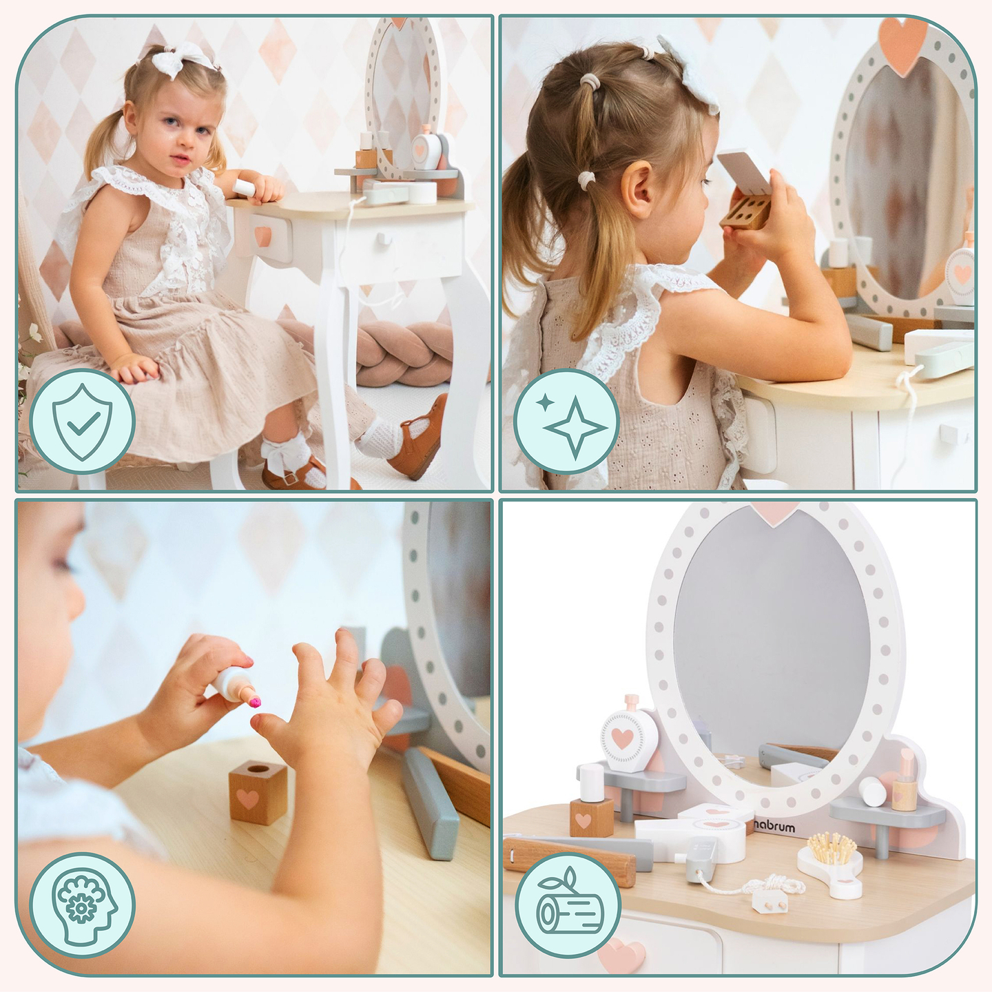 Sminkbord i trä med pall och tillbehör