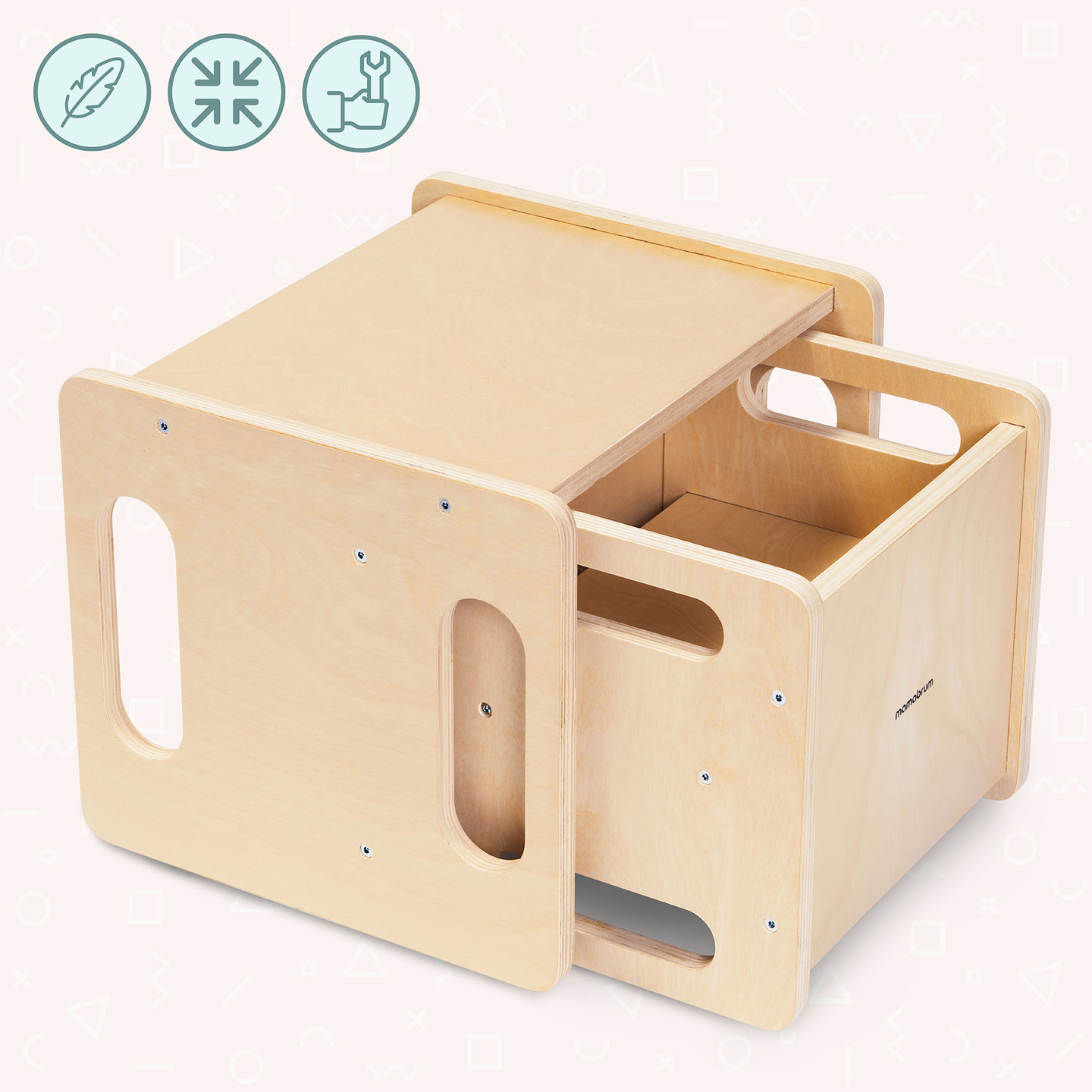 Träbord och stol med trappstegsfunktion – ett multifunktionellt Montessoriset för barn