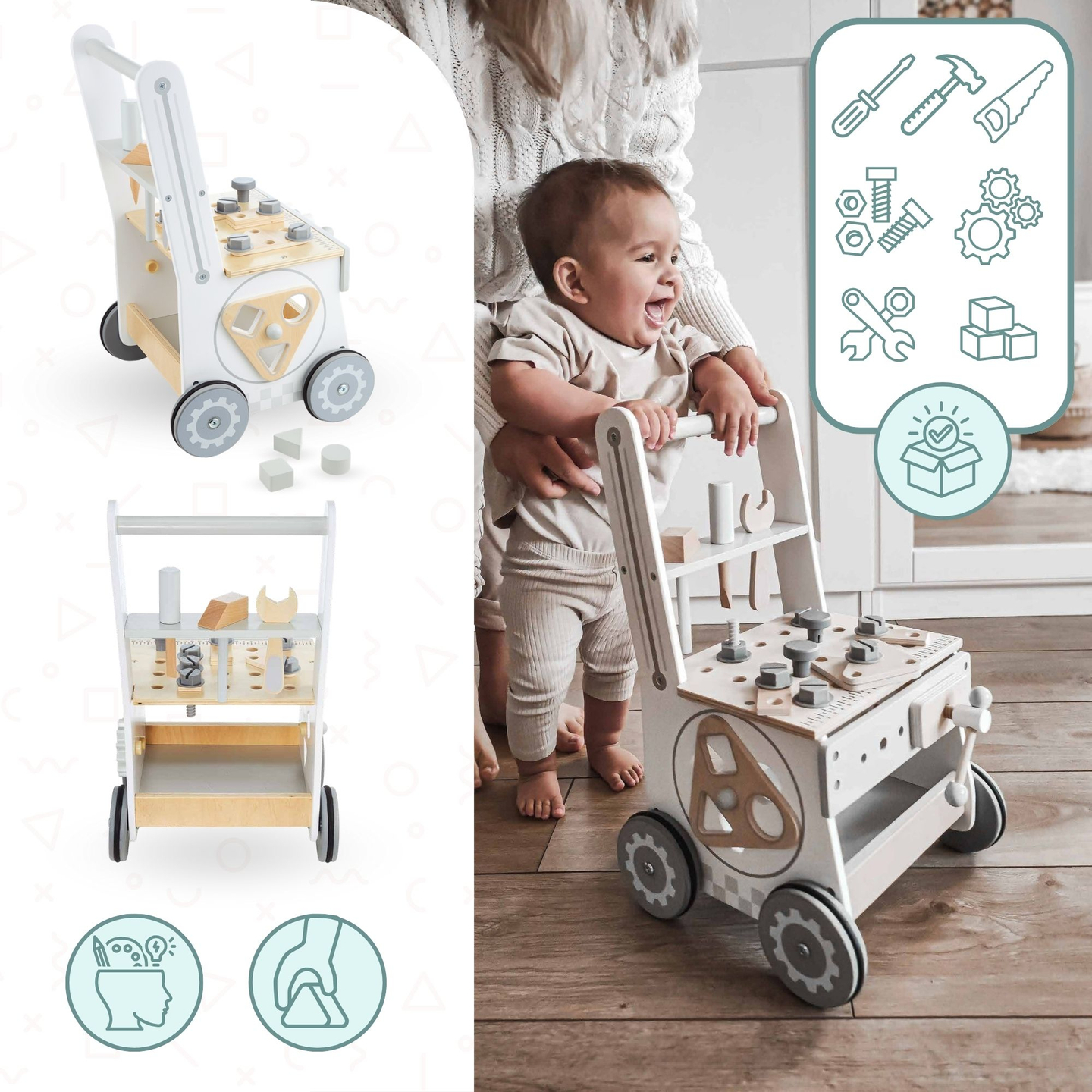 3-i-1 gåstol i trä, knuff + verkstad - 47 element