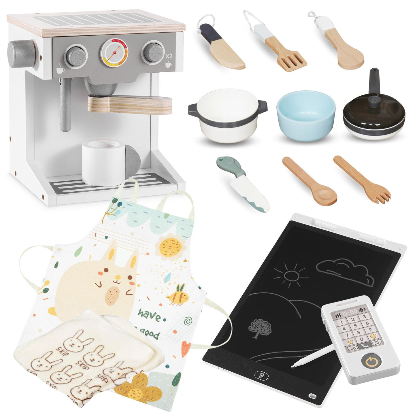 XXXXL stort interaktivt träkök med LED-belysning, tvättmaskin, mikrovågsugn, kaffemaskin samt frukt- och grönsaksuppsättning - 50 element
