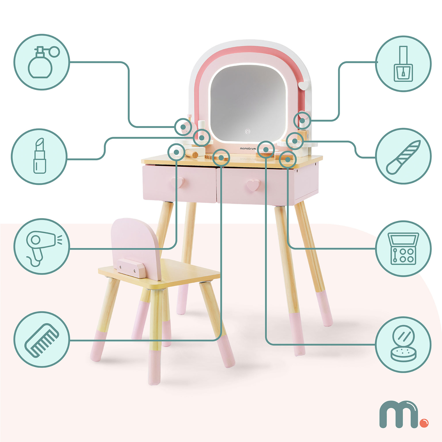 Sminkbord i trä för barn med LED-belysning med steglös ljusstyrkejustering, stol och tillbehör