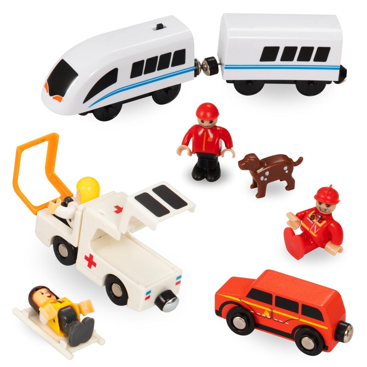 Trätåg, batteridrivet tåg - Brandkår, spår, bilar, broar, bom