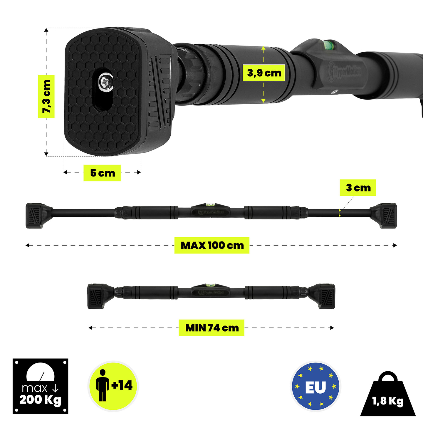 HyperMotion justerbar pull-up-stång 74-100 cm, 200 kg, svart