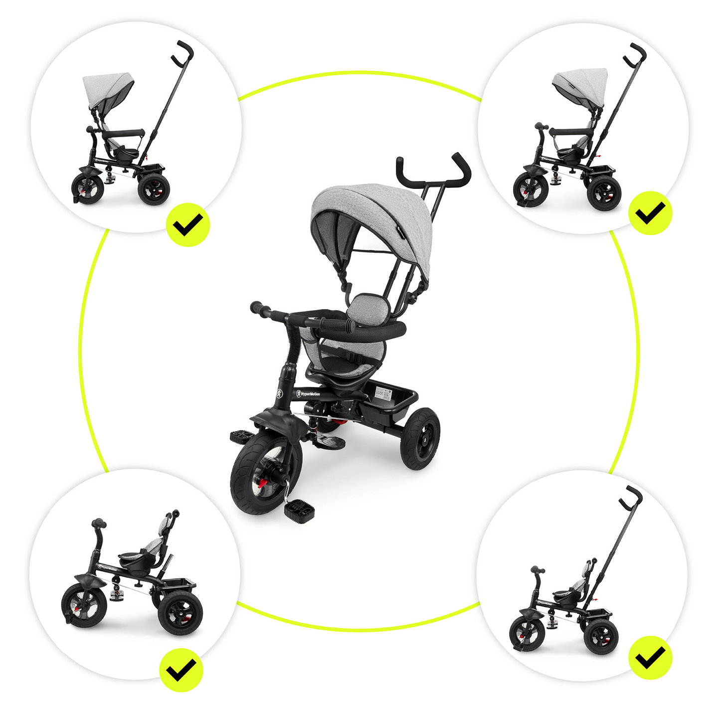 Trehjuling för barn 1-4 år - TOBI FREY - grå färg - svängbar - pumpade hjul + tryckare