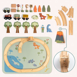 Dino Park trätåg med halkfri matta - dinosaurier, tåg, spår, vulkan, klocka