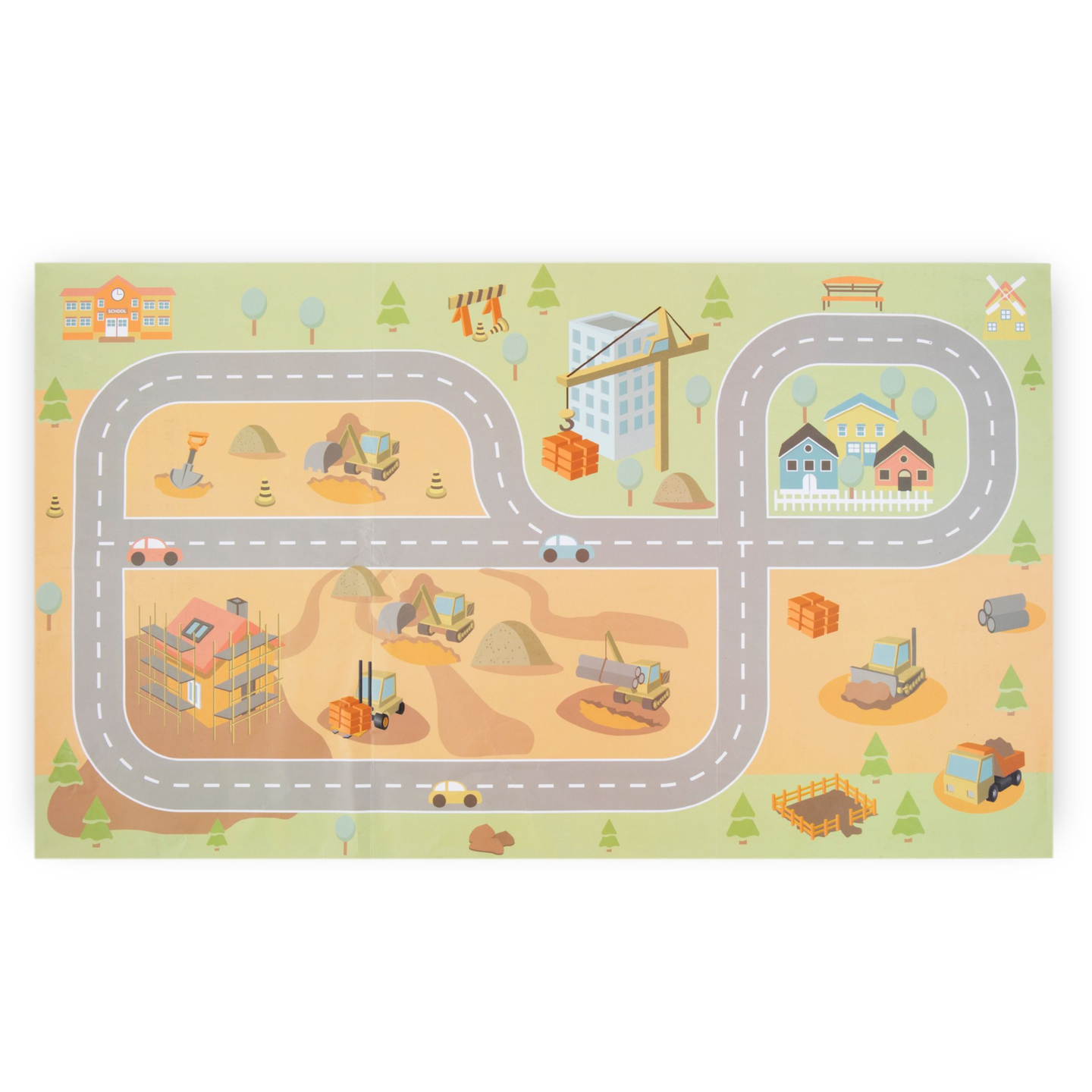 Byggarbetsplats i trä med stora mobilkranar och fordon, tornkran