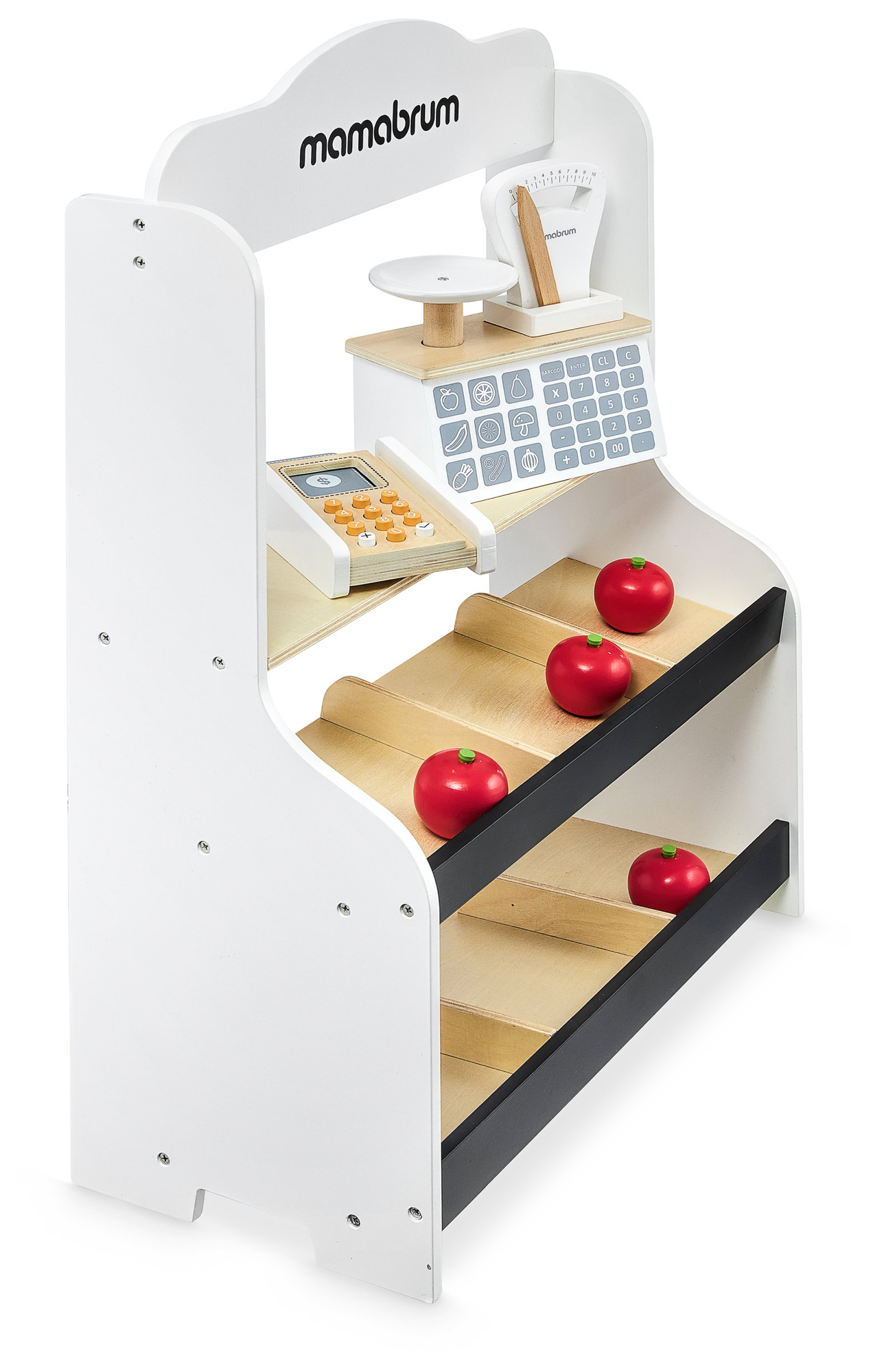 Mini market - butik med vågar, terminal, betalkort och frukt