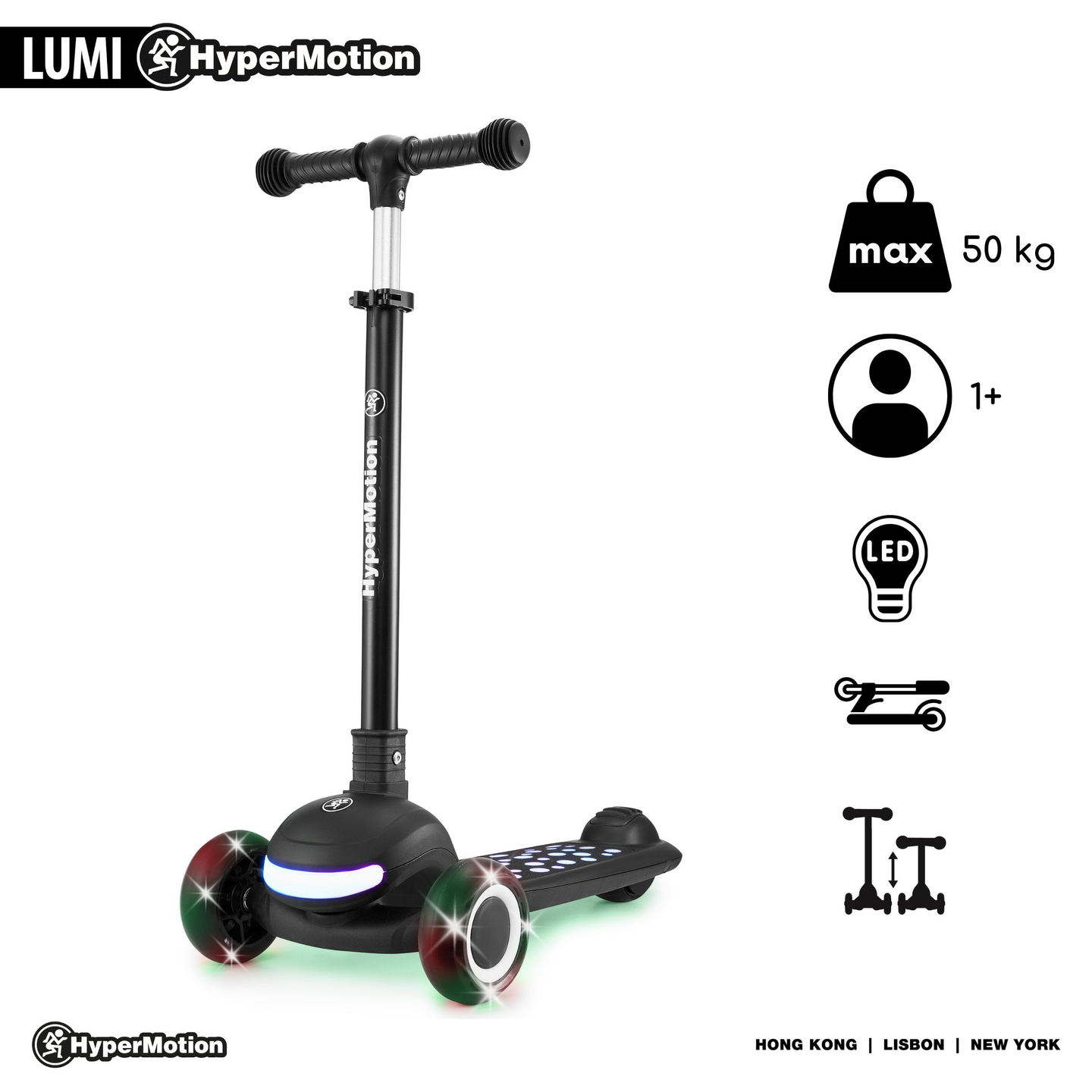 HyperMotion LUMI 3-i-1 balansscooter - upplyst plattform och LED-hjul, svart färg