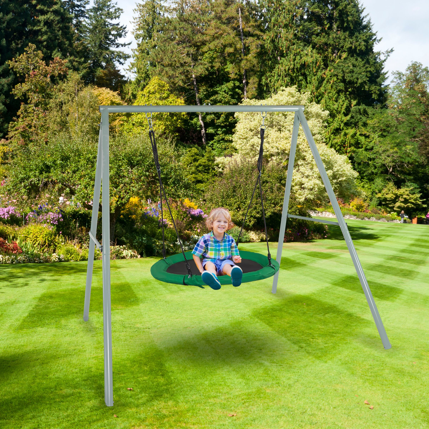 Trädgårdsgunga av typ storkbo med ram och rep