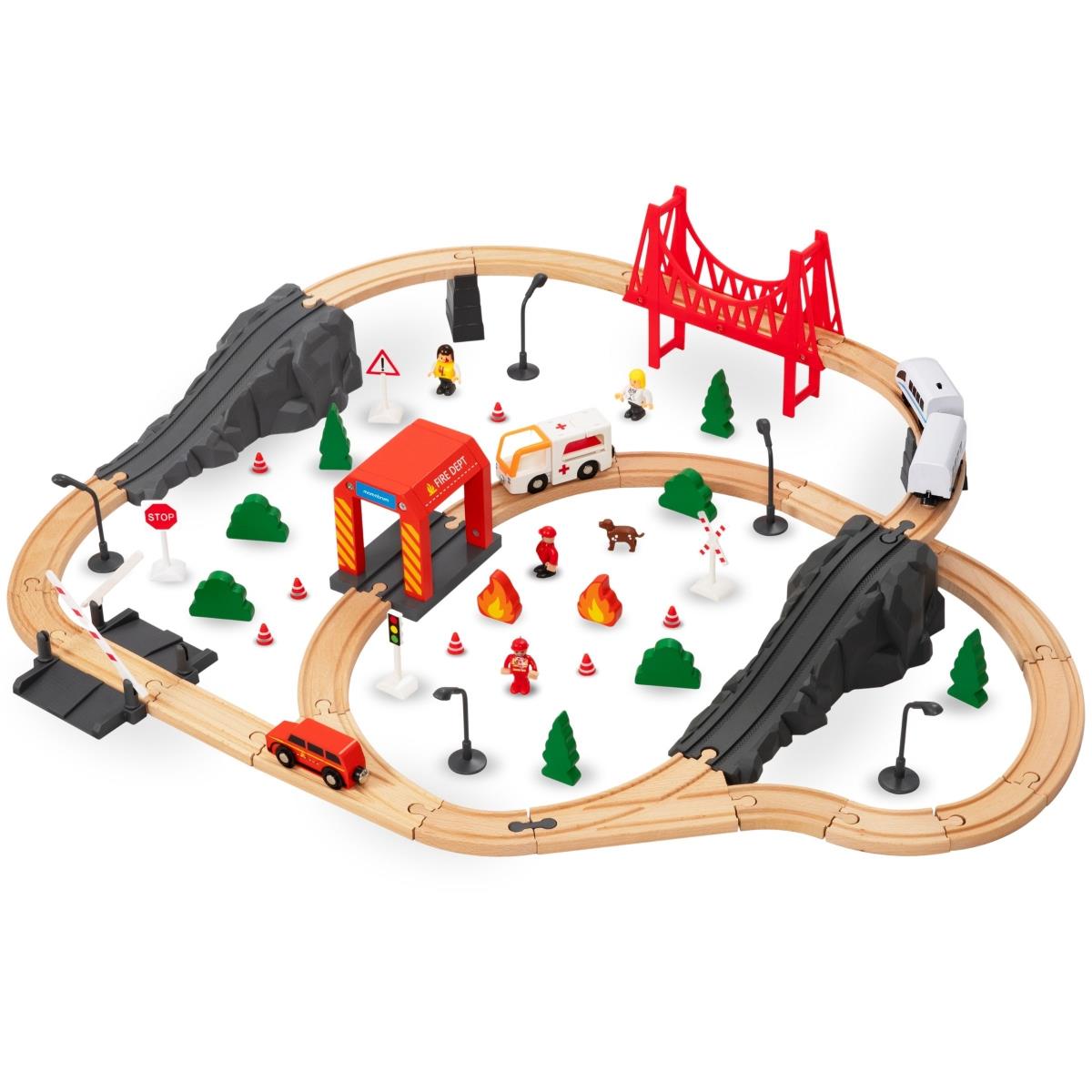 Trätåg, batteridrivet tåg - Brandkår, spår, bilar, broar, bom