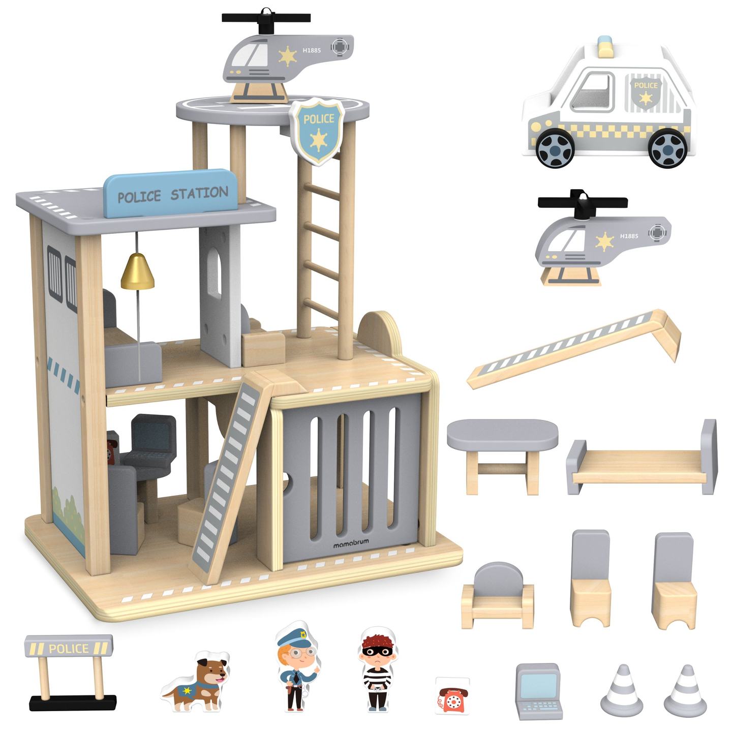 Polisstation i trä med tillbehör