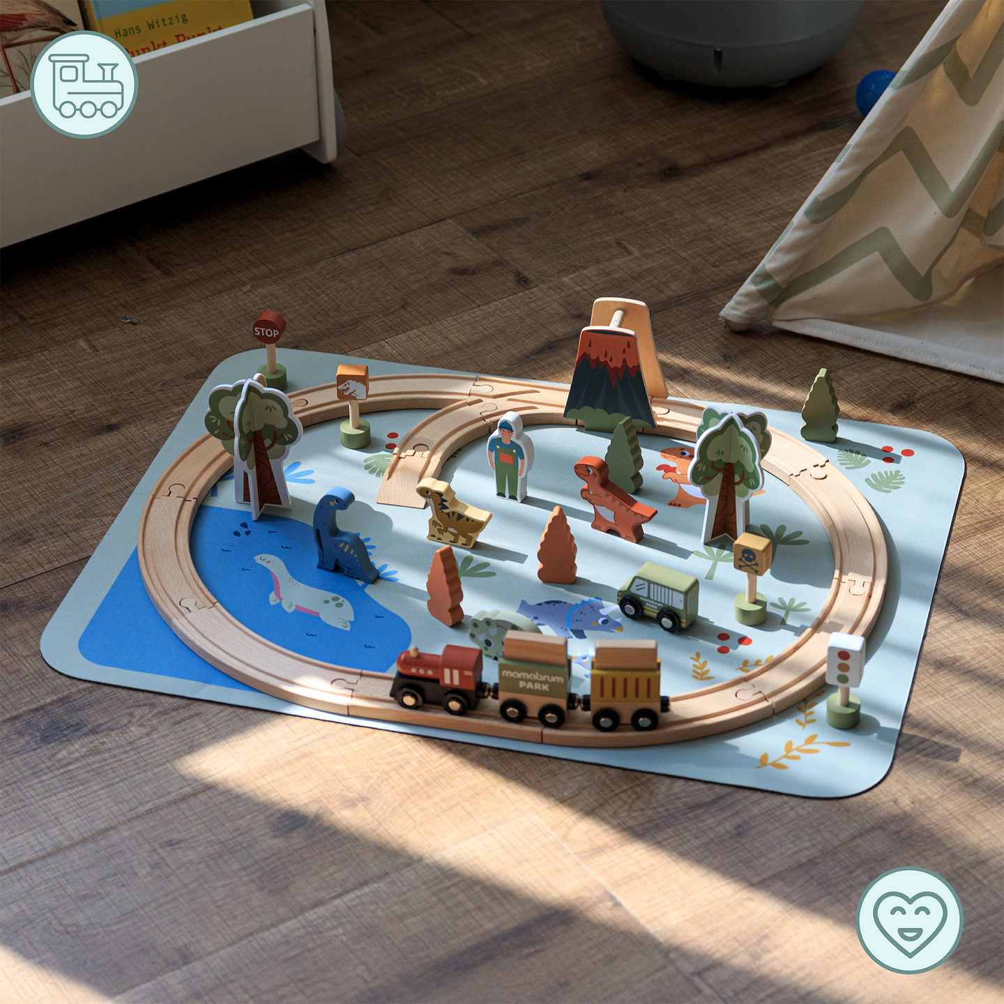 Dino Park trätåg med halkfri matta - dinosaurier, tåg, spår, vulkan, klocka