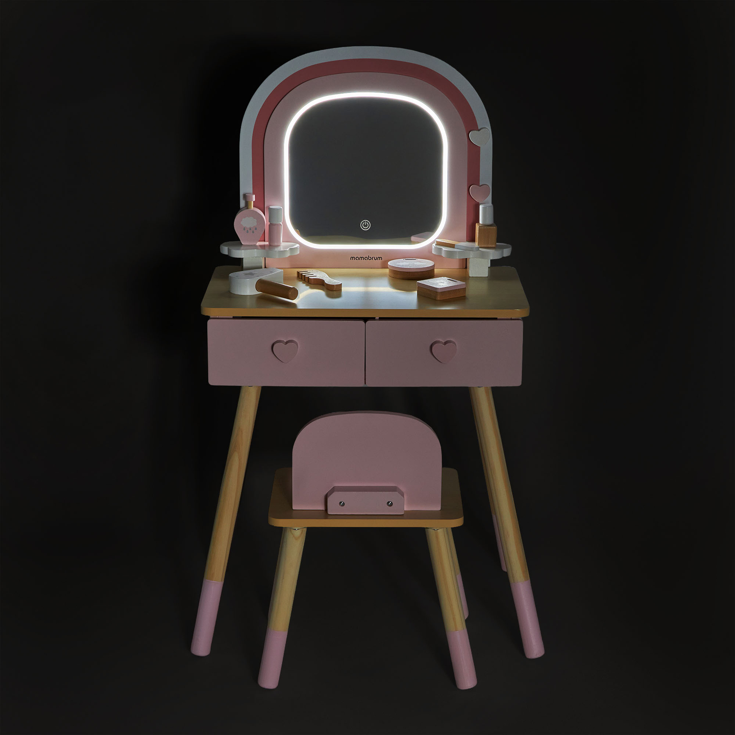 Sminkbord i trä för barn med LED-belysning med steglös ljusstyrkejustering, stol och tillbehör