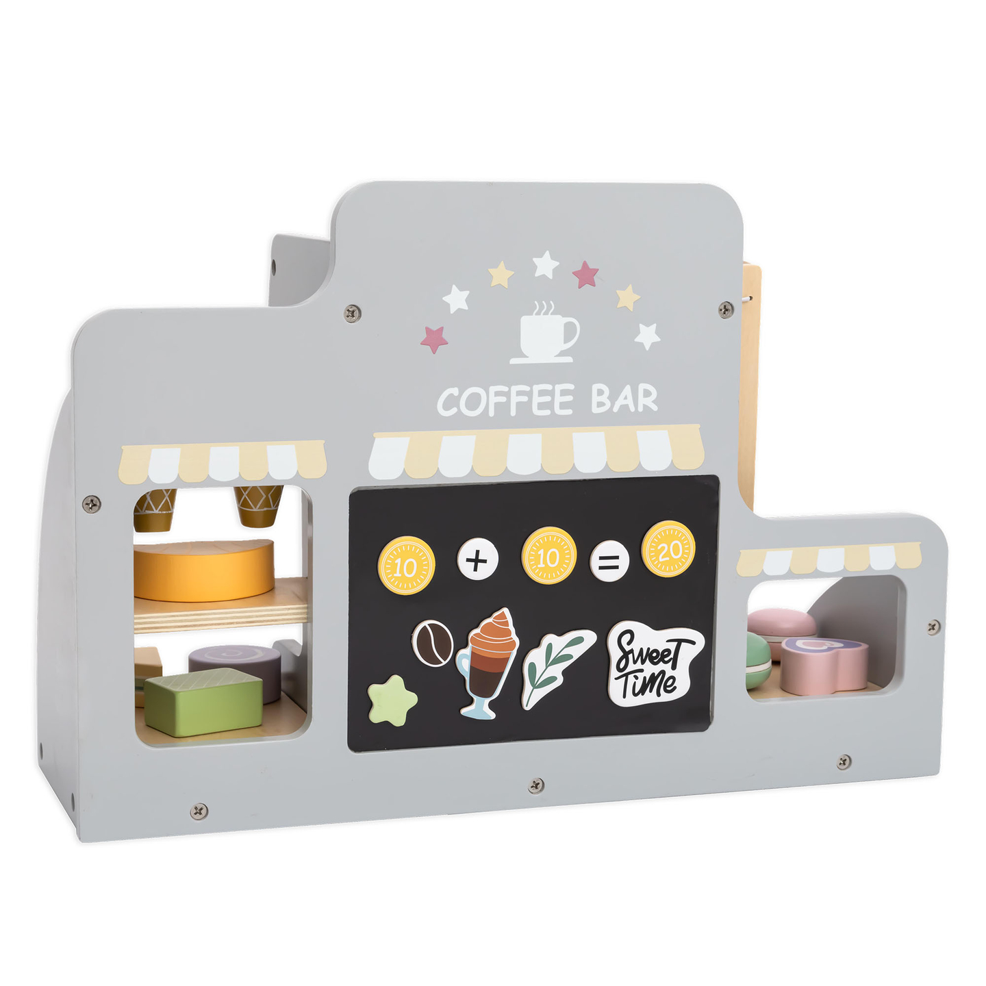 En stor glassbar i trä med magnettavla, kaffemaskin och glass- och dessertset - över 70 delar!