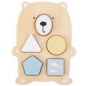 Set med träleksaker - färgglad sammanflätning, sälpyramid, sortering med nallebjörn