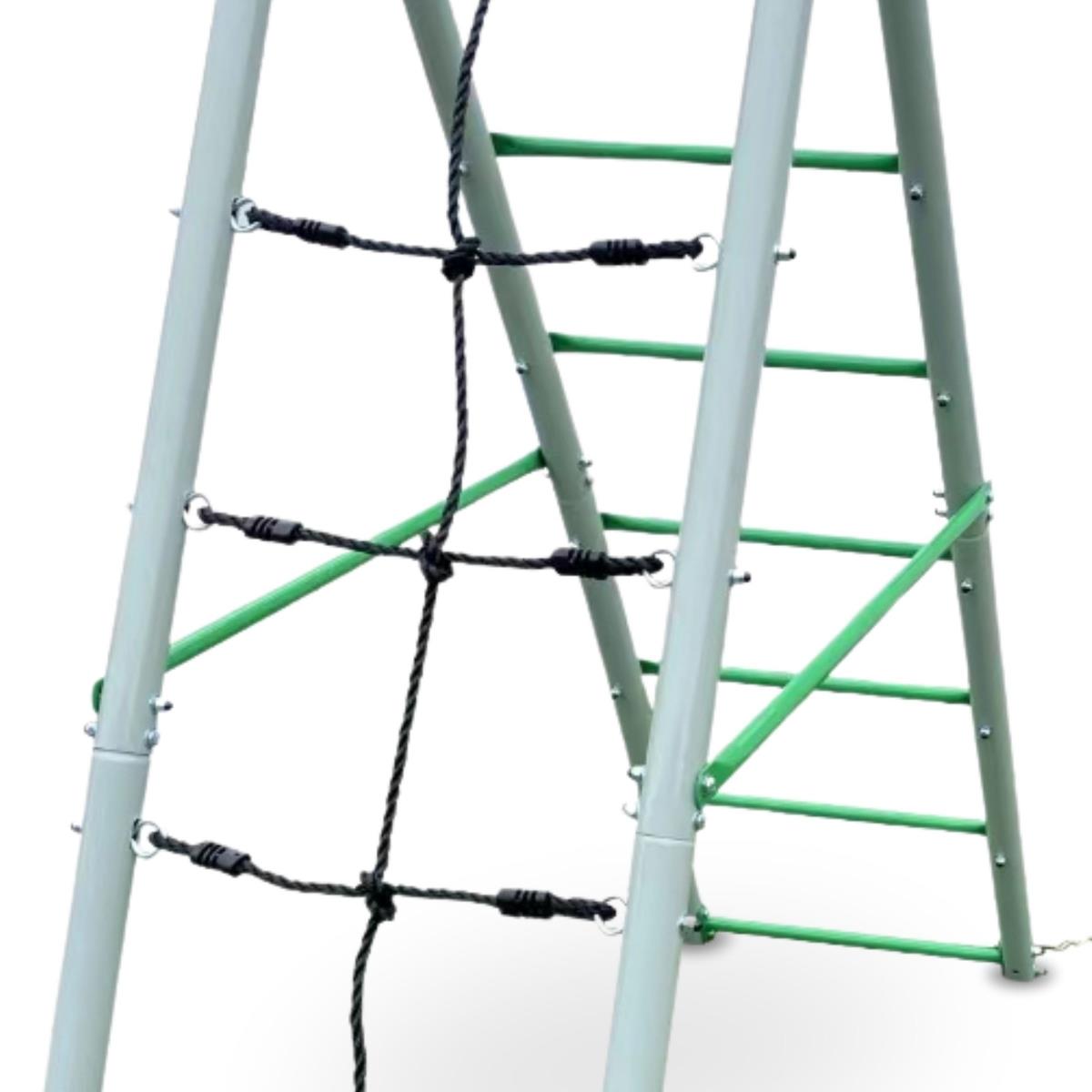 XL trädgårdslekplats för barn med en storkbo gunga, stege och klätternät