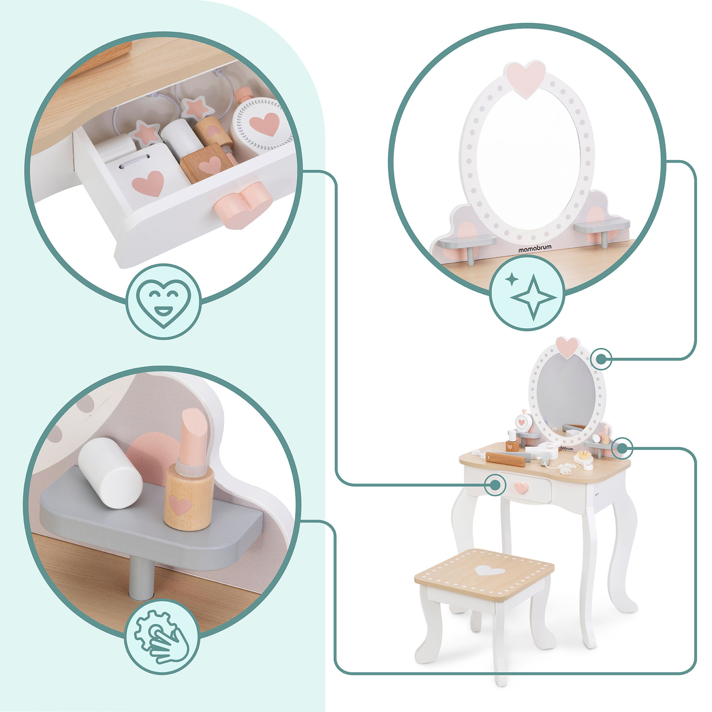 Sminkbord i trä med pall och tillbehör