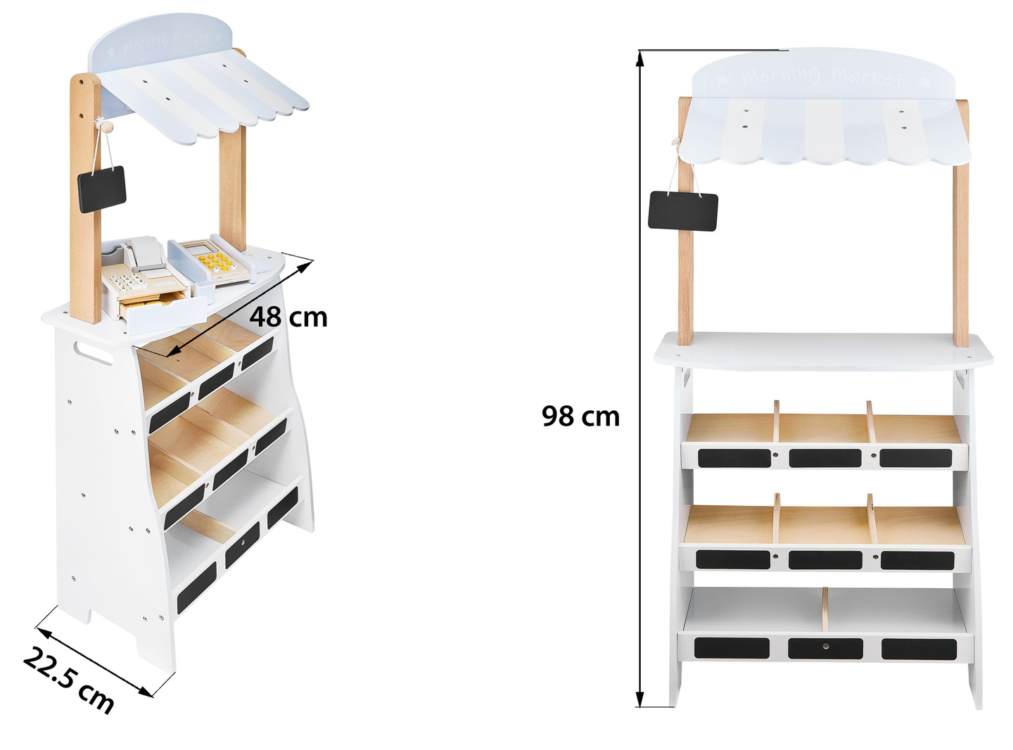 Grönsaksaffär - träbod med lådor, kassaapparat och terminal