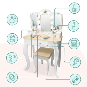 XXL toalettbord i trä med pall och LED-belysning för barn + tillbehör