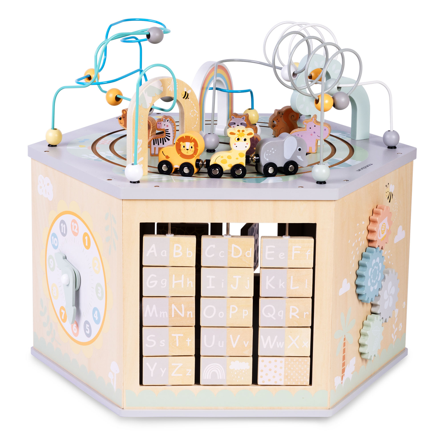 Stor träleksak med pedagogisk kub - en Montessorileksak med magnetiskt tåg och motoröglor