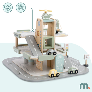 Trägarage i tre våningar för barn med tillbehör – parkeringsplats, bensinstation, biltvätt, helikopter