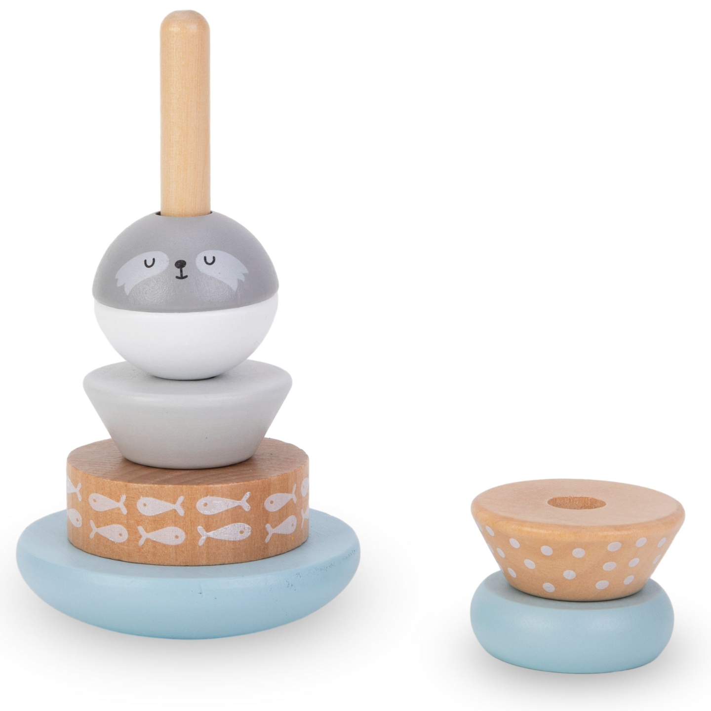 Set med träleksaker - färgglad sammanflätning, sälpyramid, sortering med nallebjörn