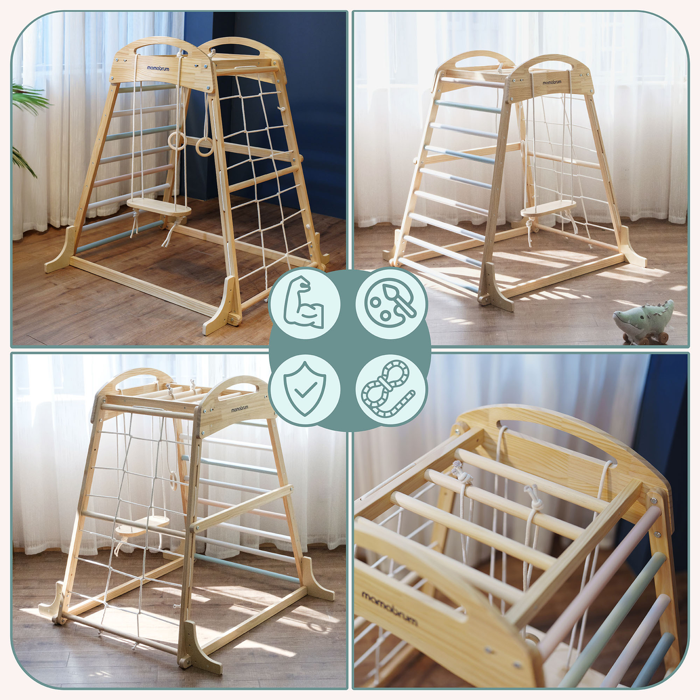 Trälekplats inomhus med gunga, gymnastikringar och klätternät