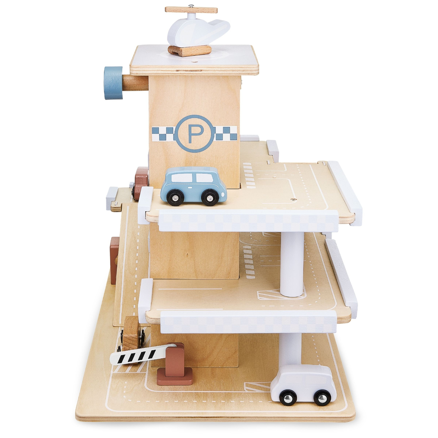 Träparkering i tre våningar med hiss - garage för bilar och helikopter