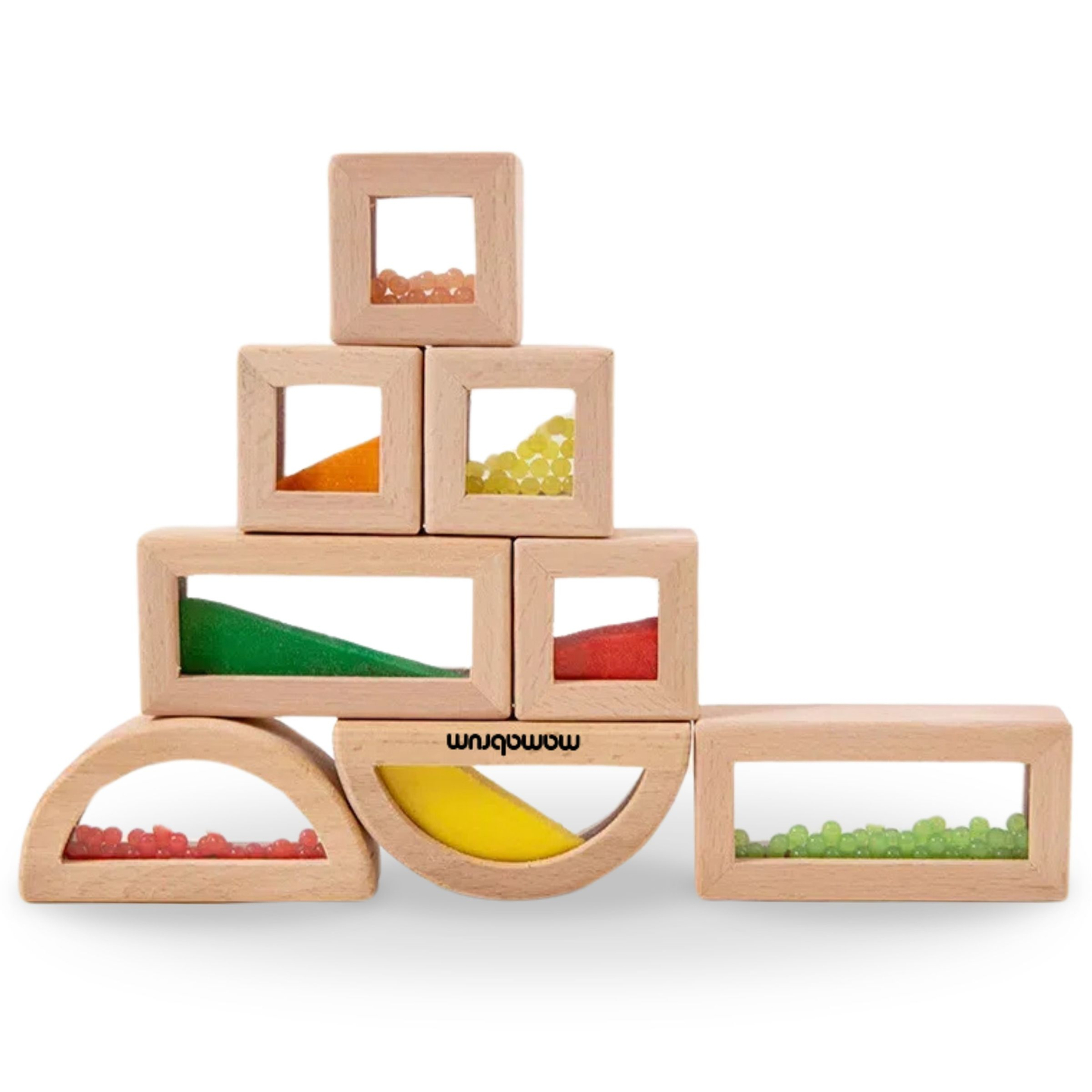 Set med sensoriska block i trä med olika fyllningar - 15 delar