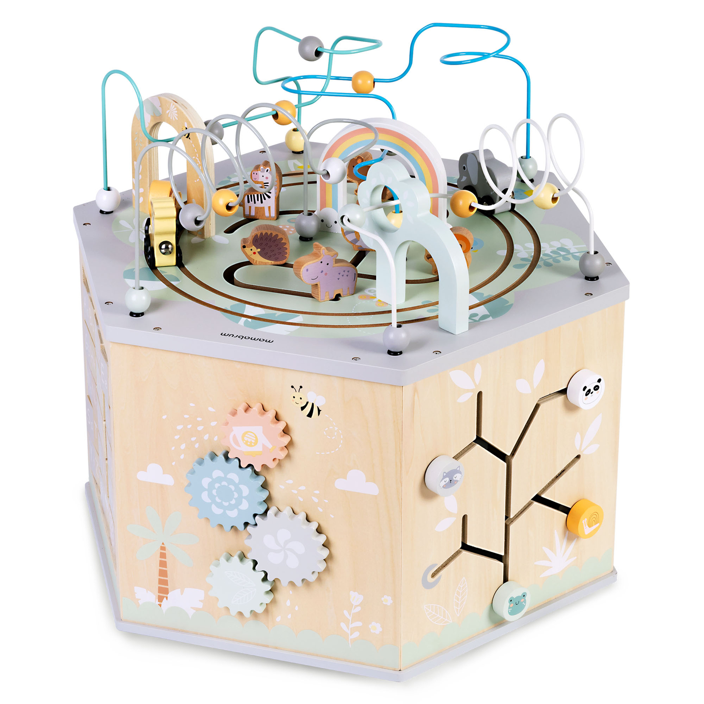 Stor träleksak med pedagogisk kub - en Montessorileksak med magnetiskt tåg och motoröglor