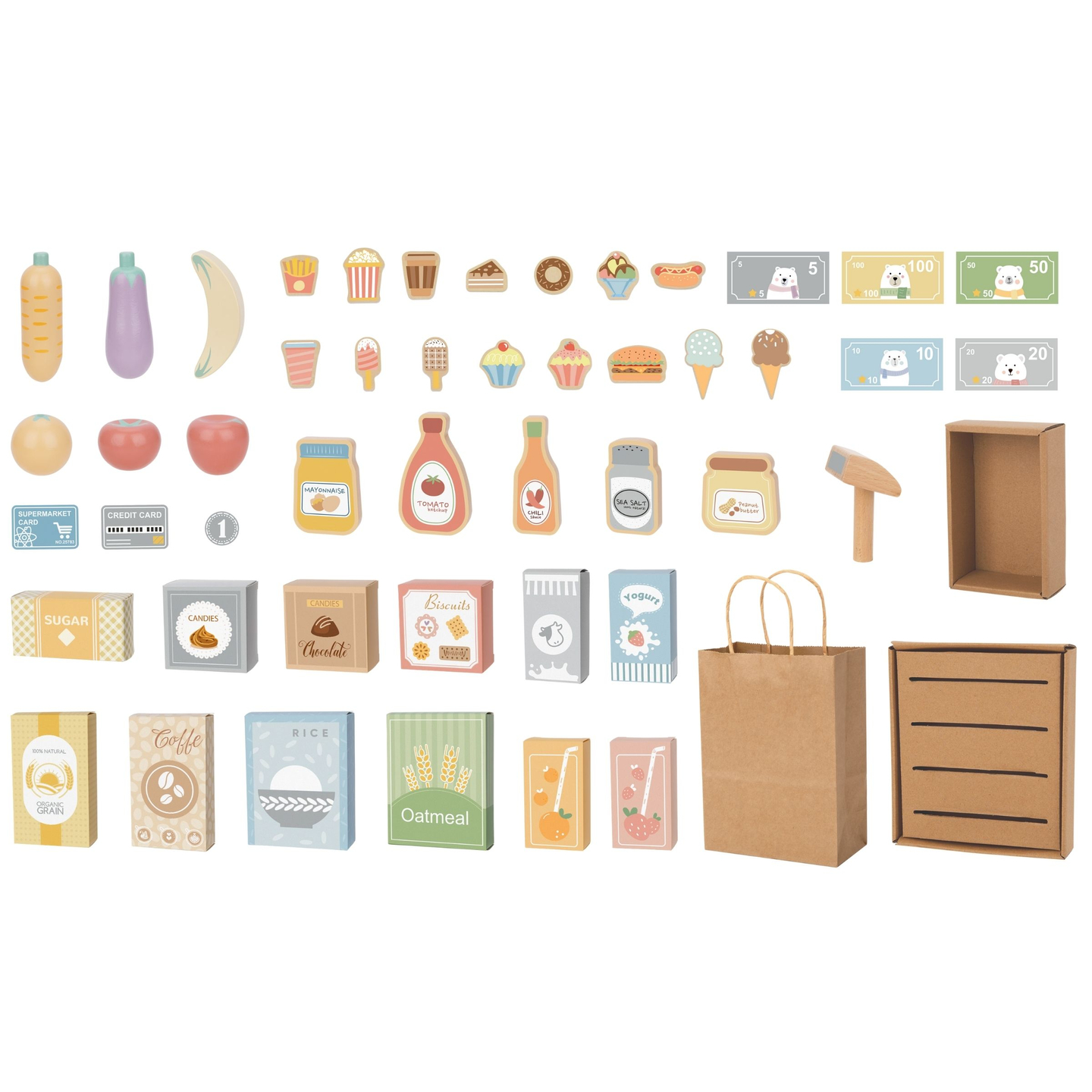 Grönsaksmarknad i trä - stort XXL-stånd, butik med kassaapparat för spel