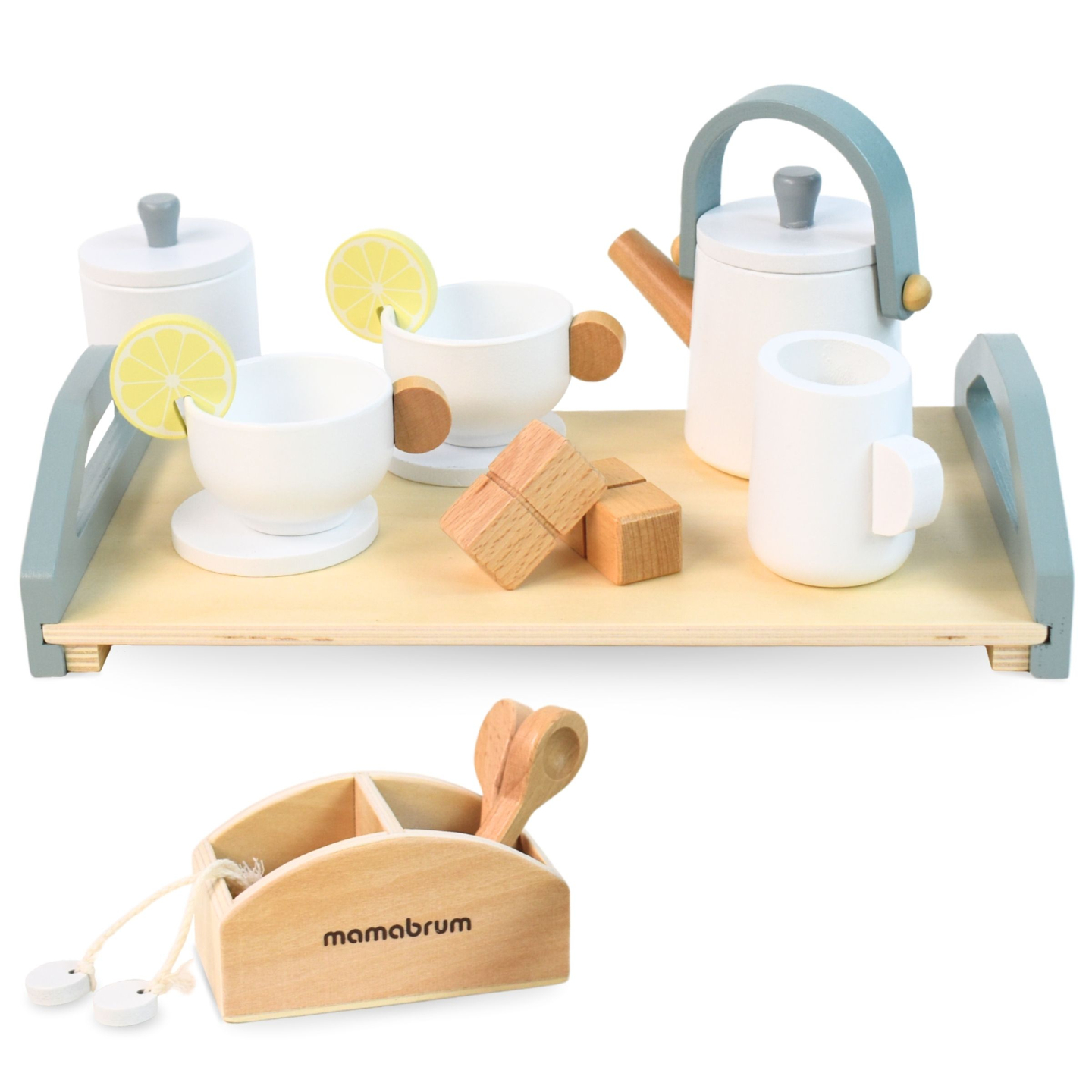 Stor teservis i trä med bricka - 17 artiklar