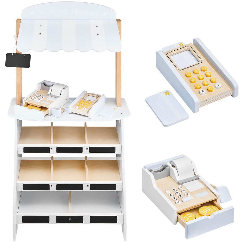 Grönsaksaffär - träbod med lådor, kassaapparat och terminal