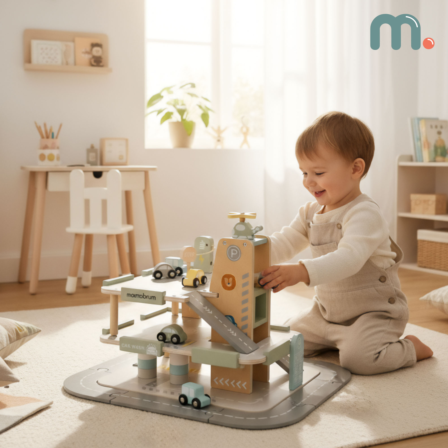 Trägarage i tre våningar för barn med tillbehör – parkeringsplats, bensinstation, biltvätt, helikopter