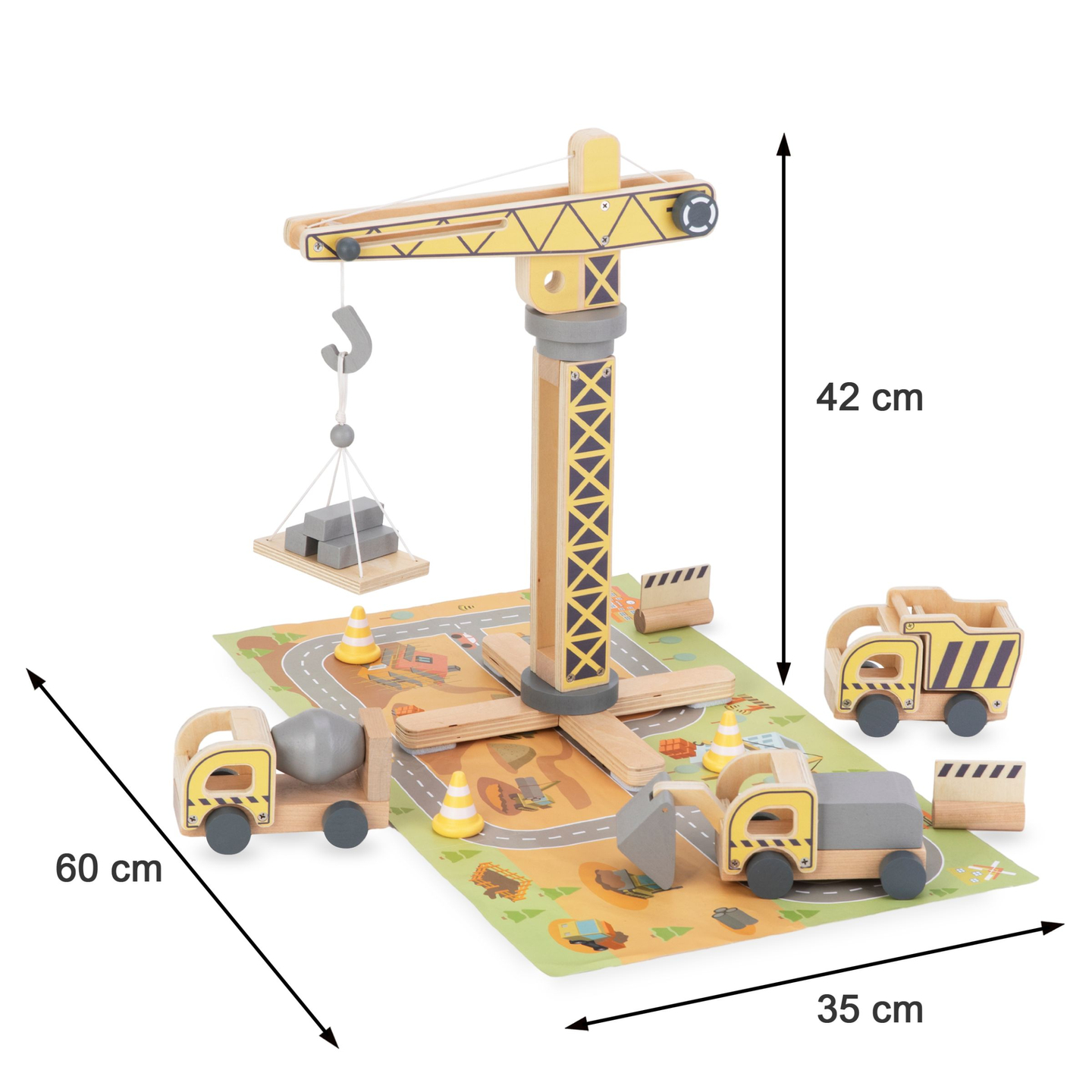 Byggarbetsplats i trä med stora mobilkranar och fordon, tornkran