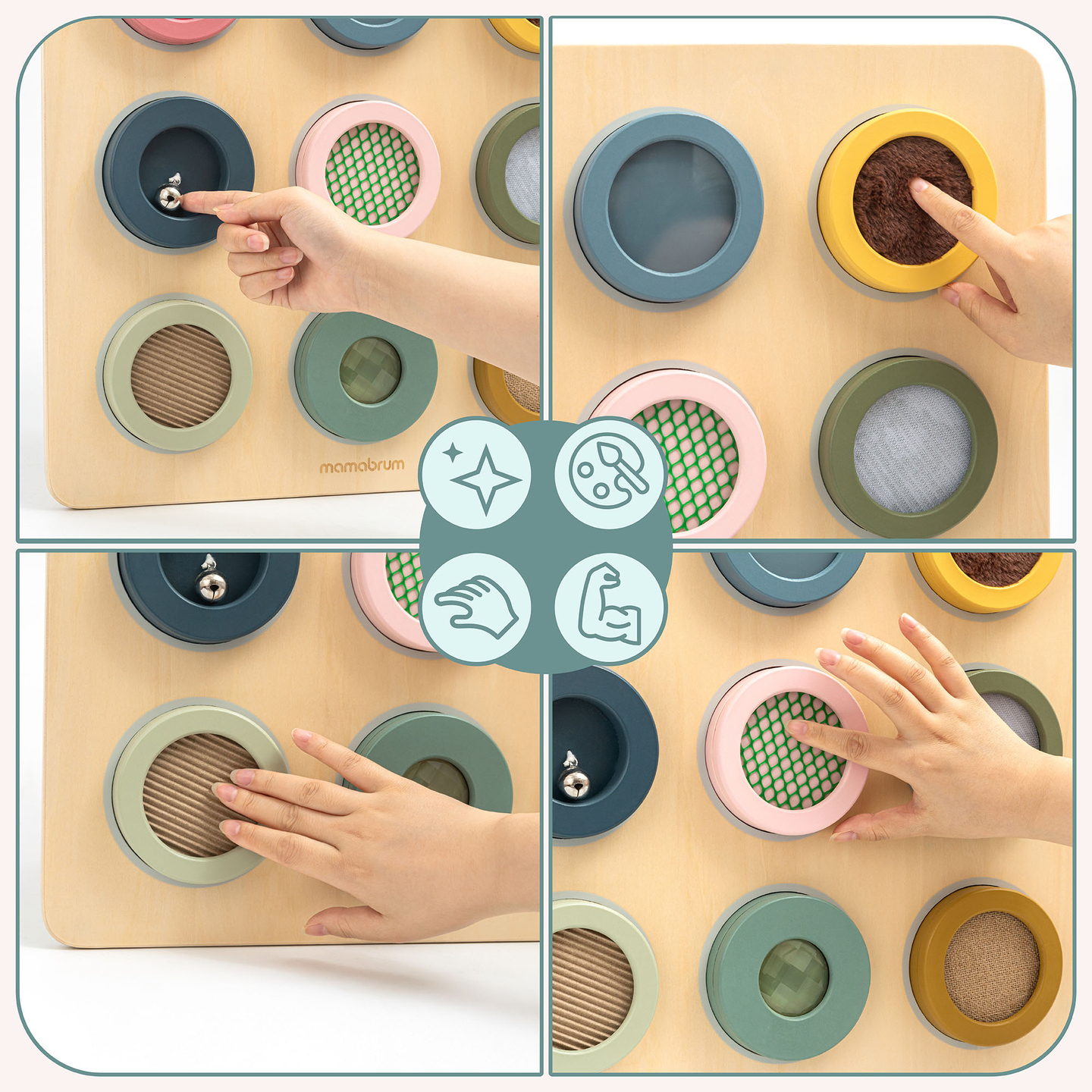 Montessori-sensorisk tavla i trä – 9 texturer för att upptäcka och utveckla känseln