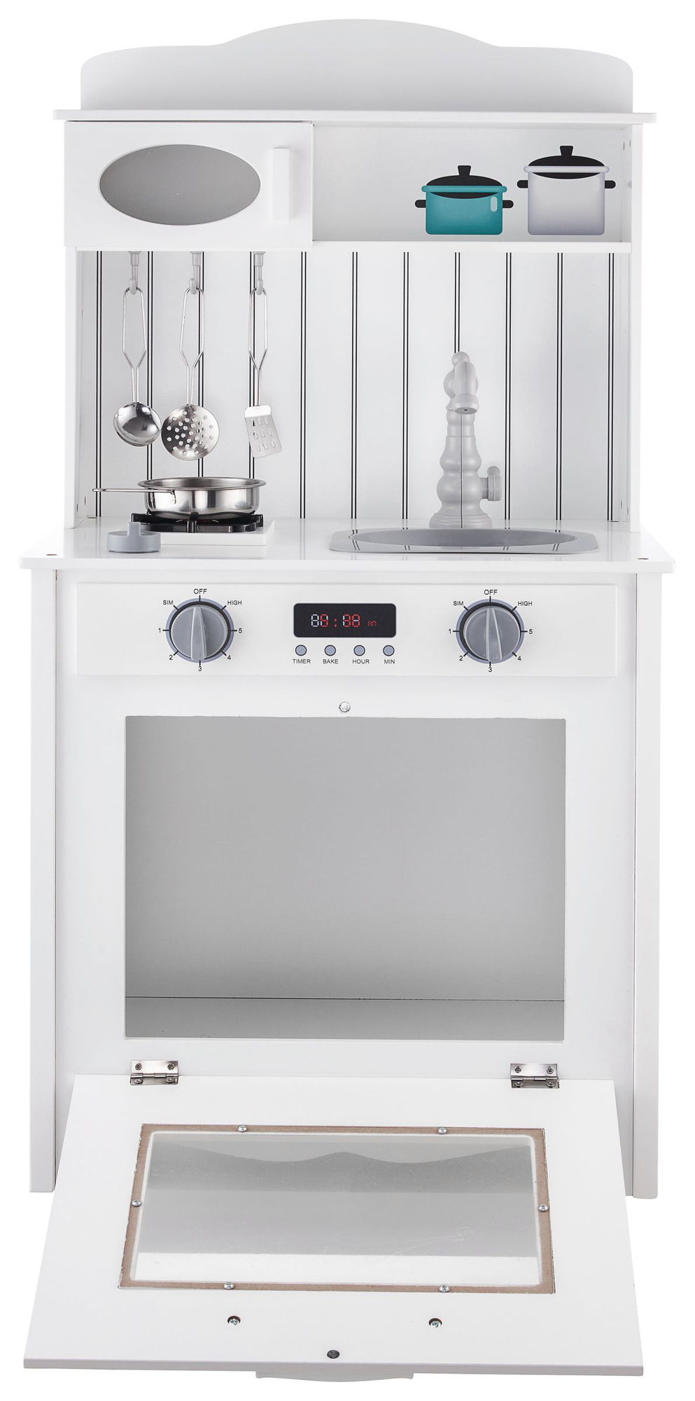 Vitt träkök med förkläde, tillbehör och LED-lampa