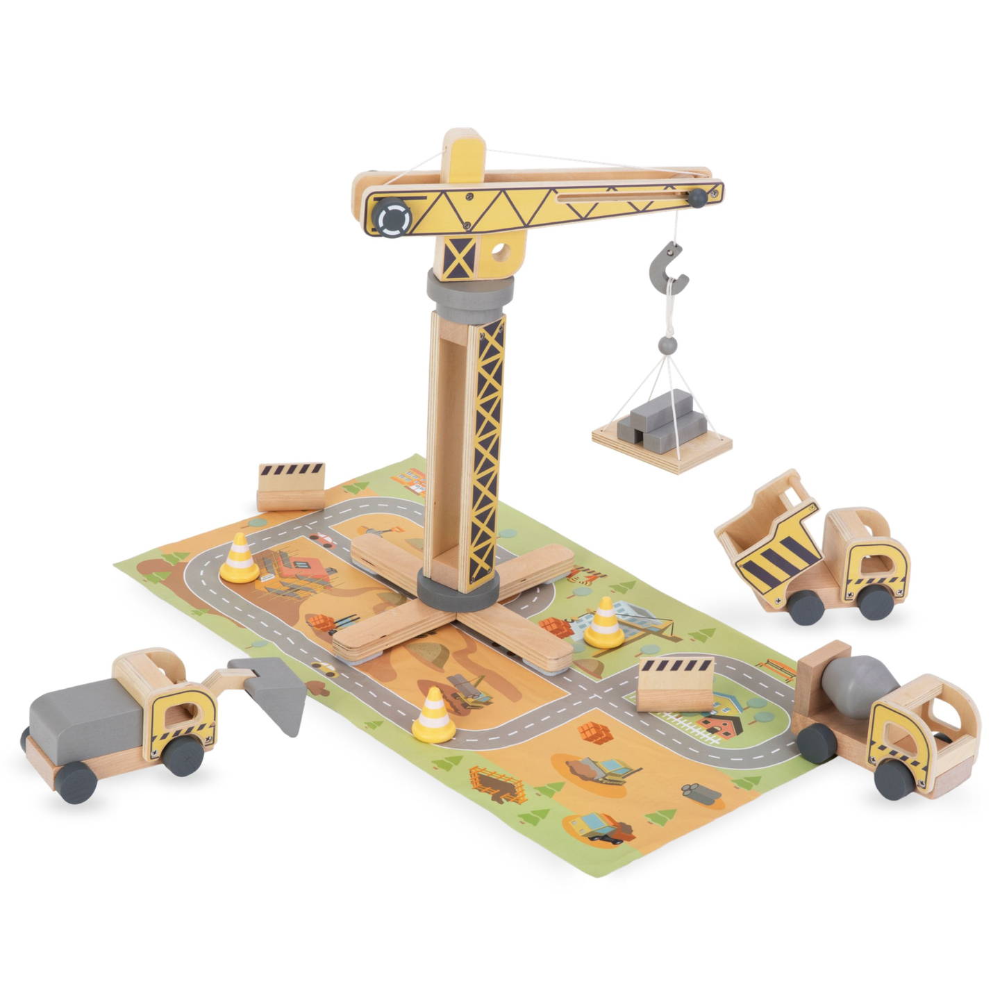 Byggarbetsplats i trä med stora mobilkranar och fordon, tornkran