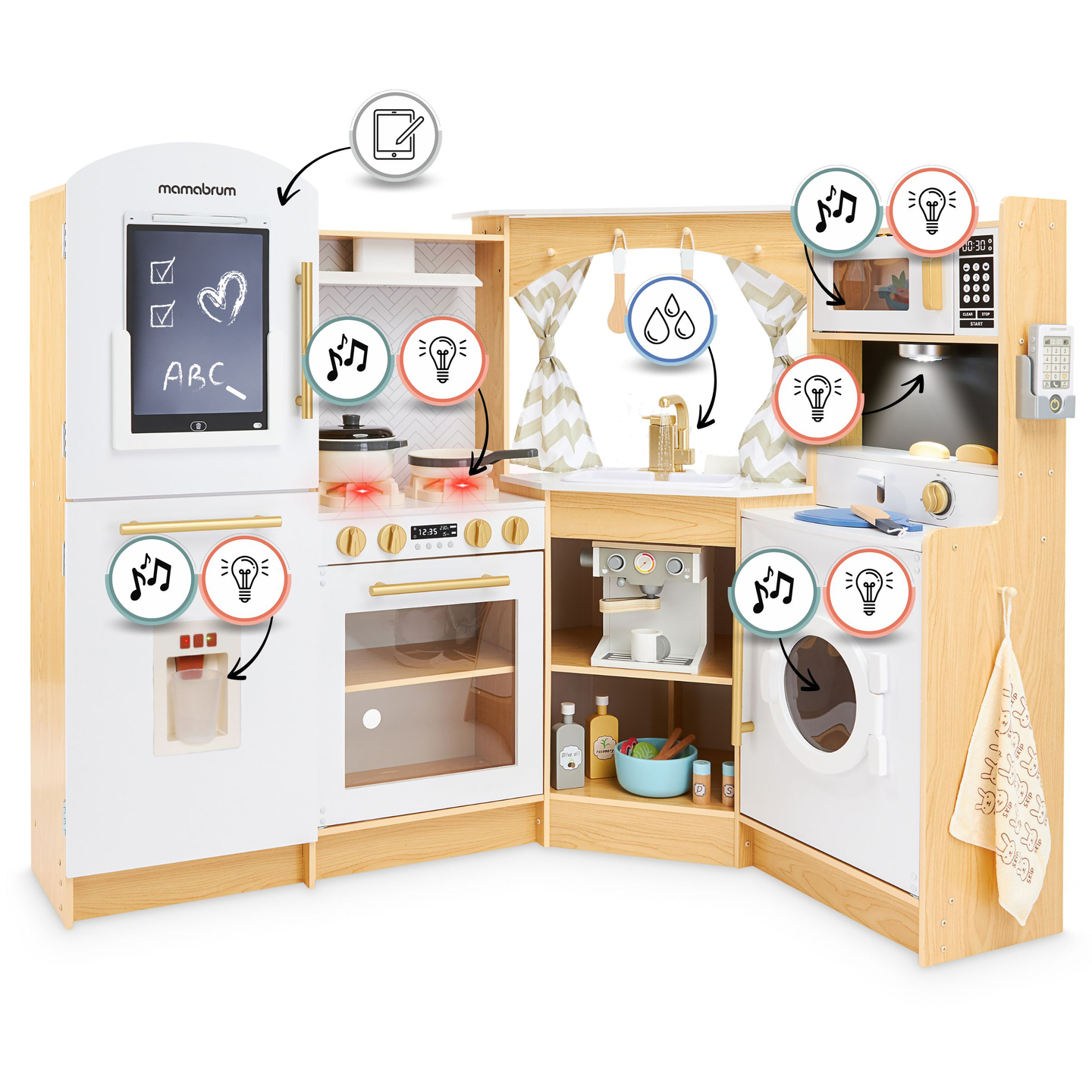 XXXXL stort interaktivt träkök med LED-belysning, tvättmaskin, mikrovågsugn, kaffemaskin samt frukt- och grönsaksuppsättning - 50 element