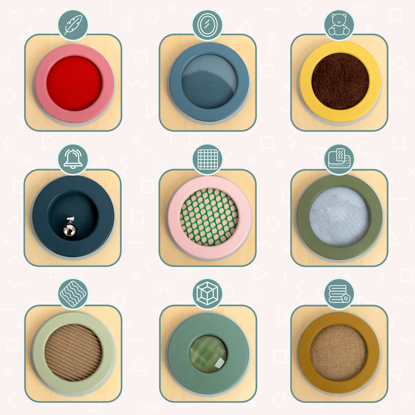 Montessori-sensorisk tavla i trä – 9 texturer för att upptäcka och utveckla känseln