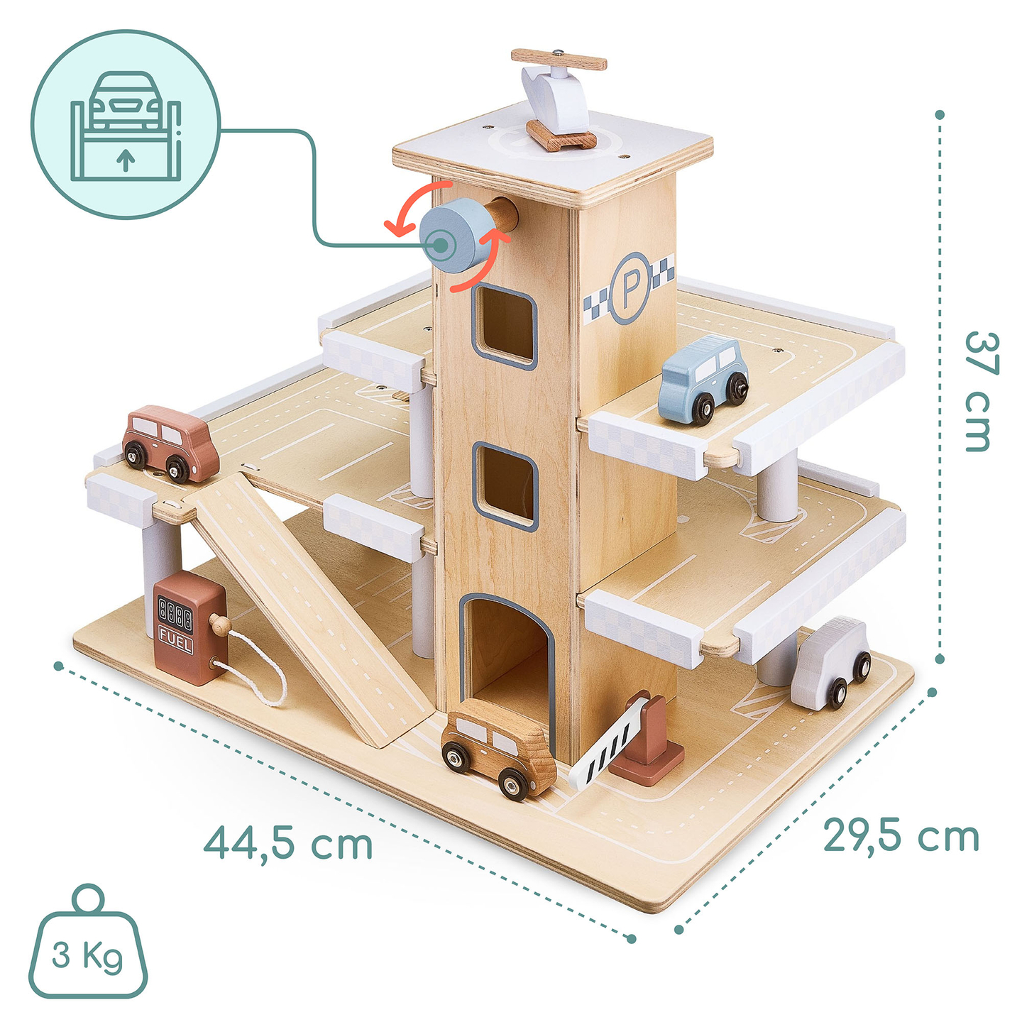 Träparkering i tre våningar med hiss - garage för bilar och helikopter