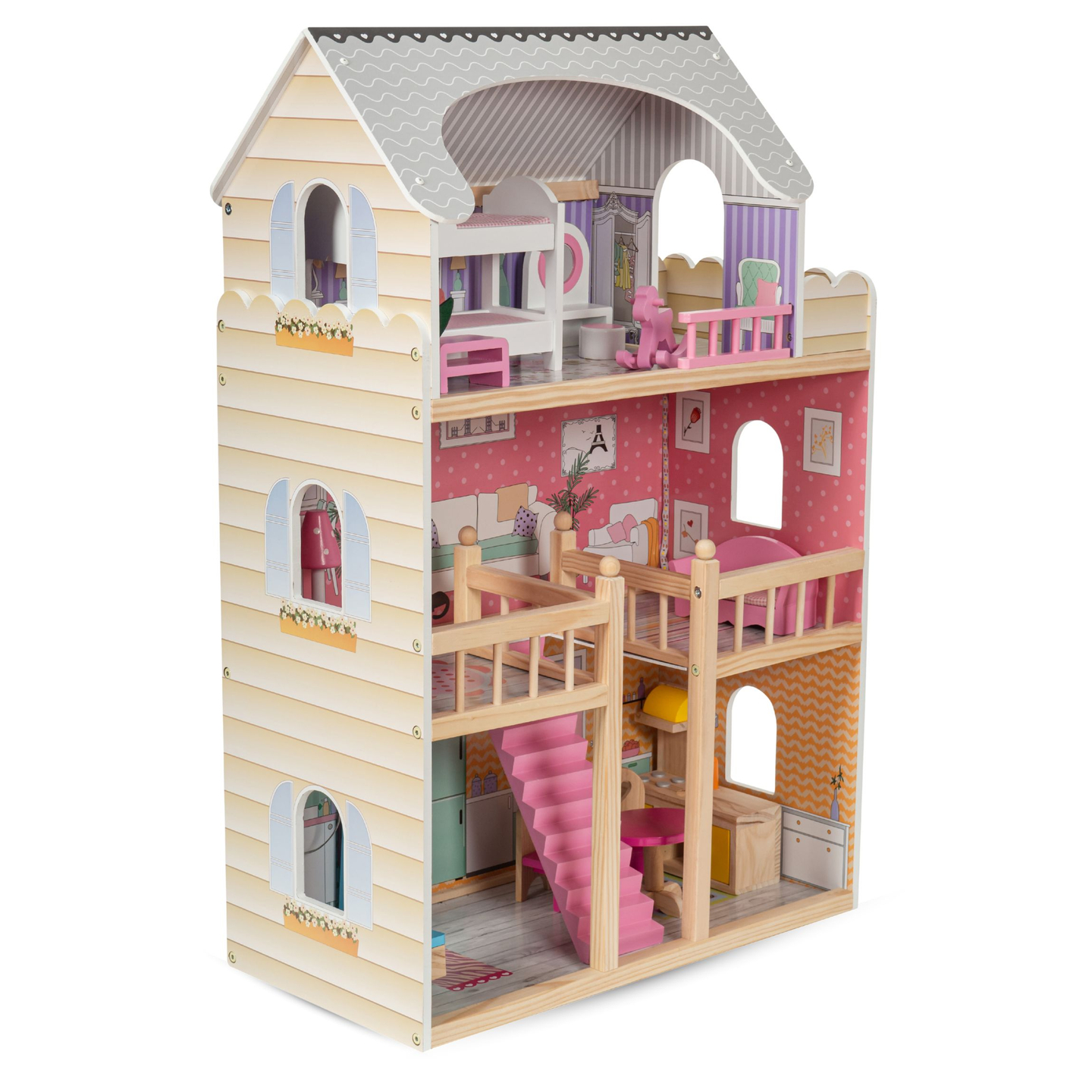 Stort dockhus i trä med 3 våningar, terrass, möbler och LED-belysning!