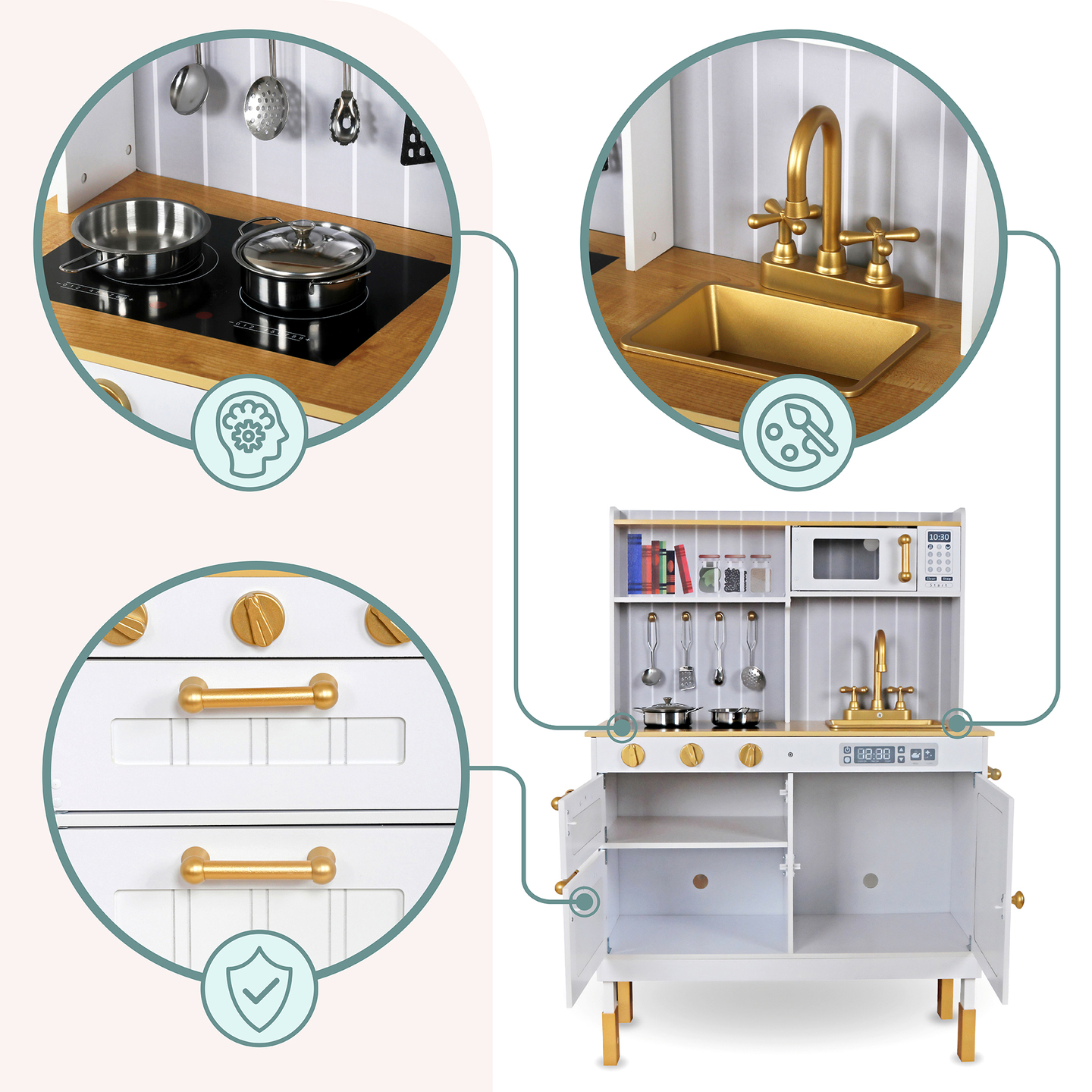 Vitt kök i trä med tillbehör och förkläde