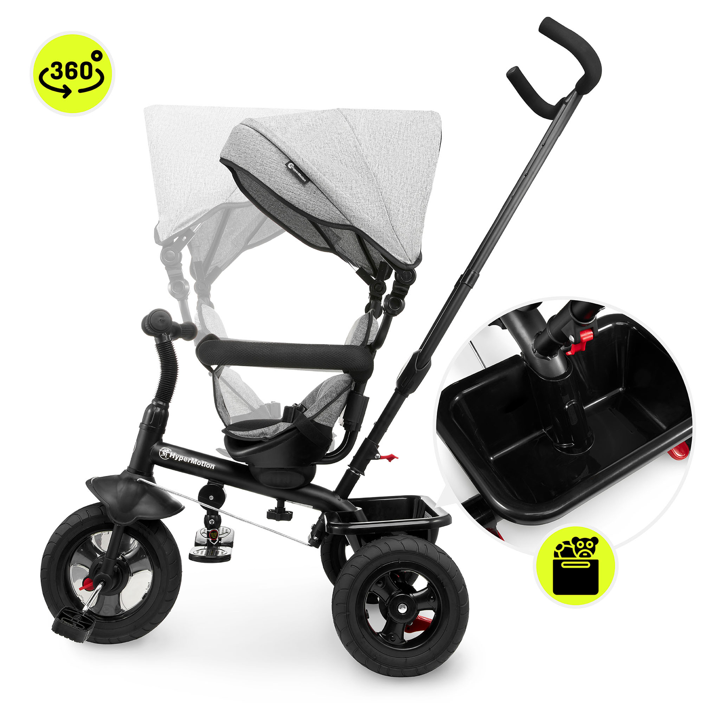 Trehjuling för barn 1-4 år - TOBI FREY - grå färg - svängbar - pumpade hjul + tryckare