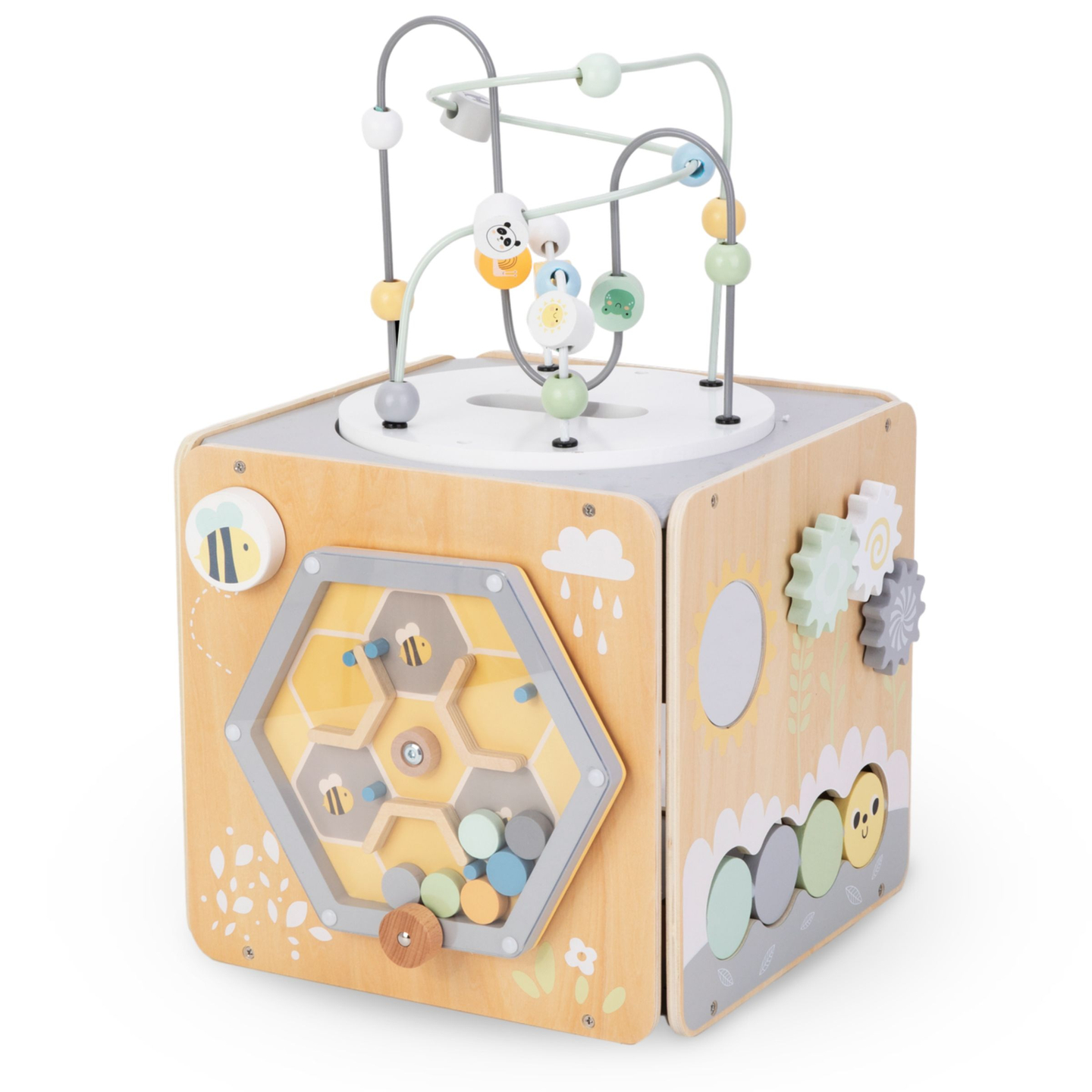 Stor aktivitetskub i trä med ögla - Montessori