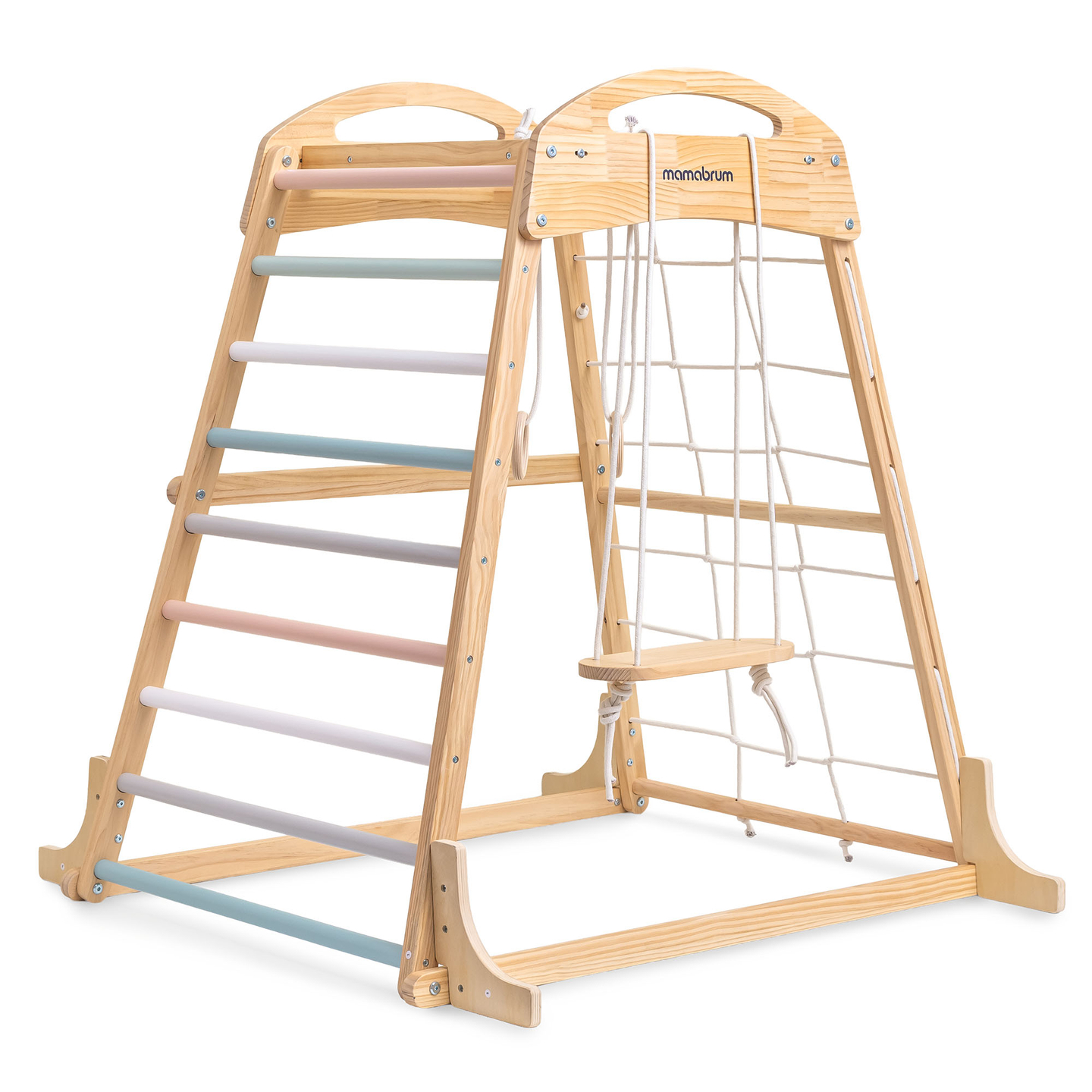 Trälekplats inomhus med gunga, gymnastikringar och klätternät